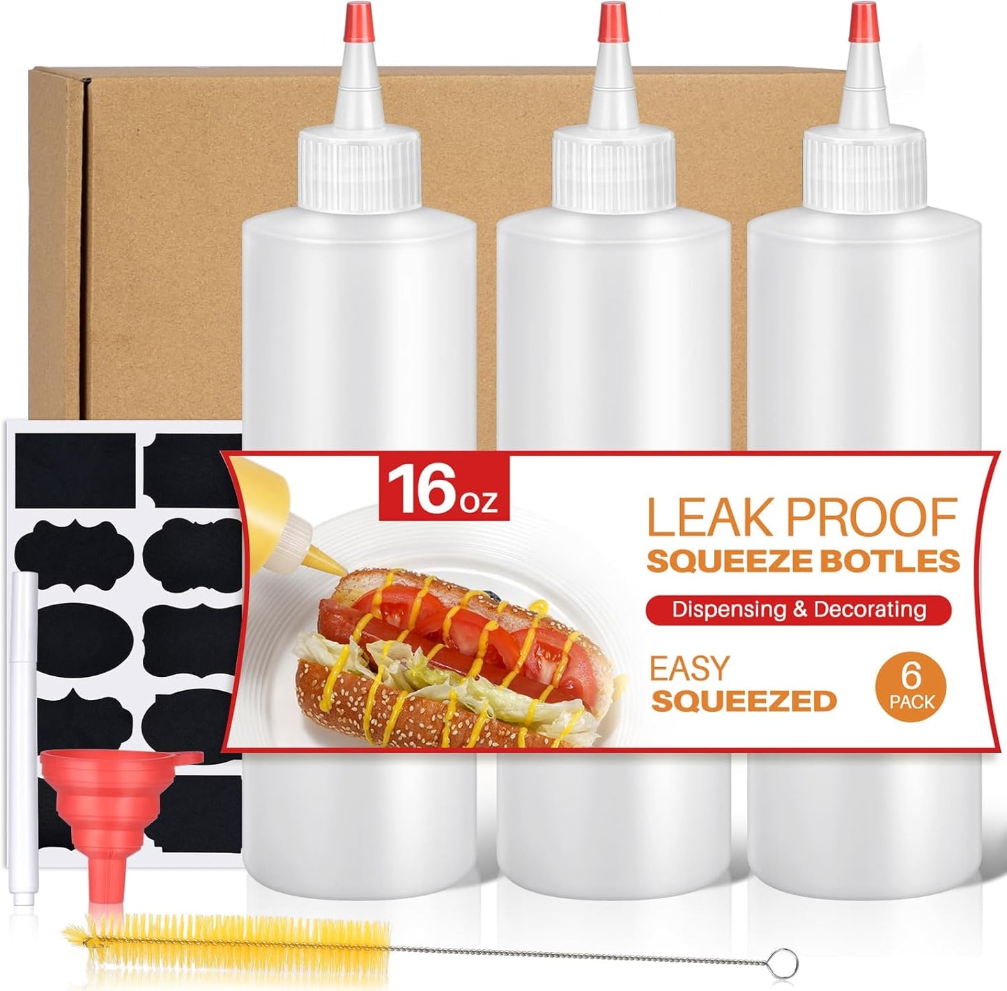 Sopito Squeeze Bottles, 16oz Plastic Condiment Squeeze Bottles with Labels & Funnels & Brusher for Liquids Sauces Ketchup Oil, 3 Pack