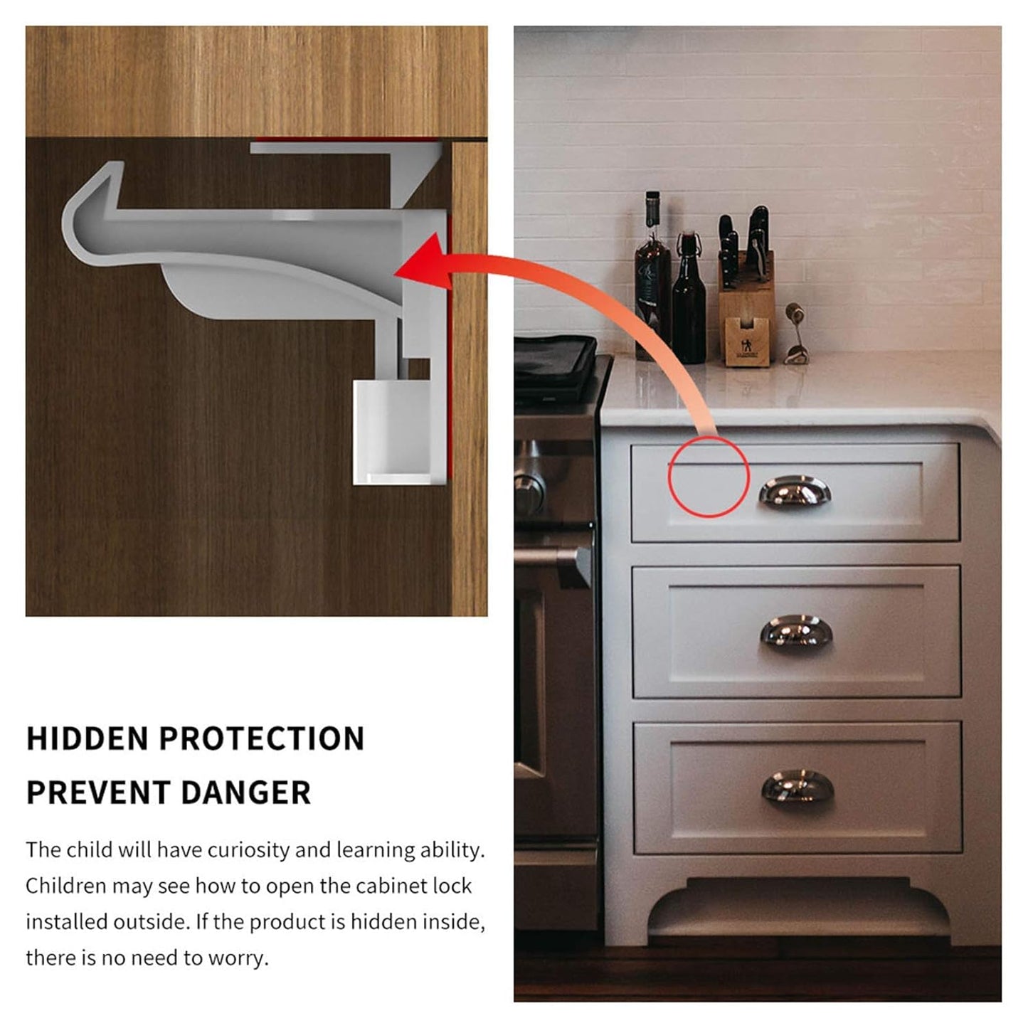 Cupboard Locks for Children - Child Safety Locks, Baby Proofing Drawer Kit Latches - No Drilling - Non Magnetic Child Proof Kitchen Cabinet Lock for Babies - Childproof - 10 Pack