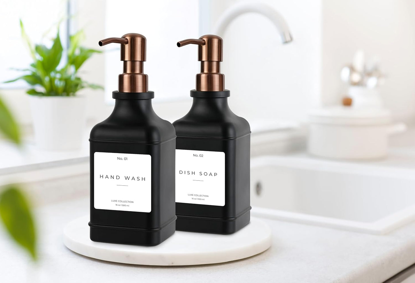 Emerson Essentials Soap Dispenser, Dish Soap Dispenser, Soap Bottle Bathroom Set, Stainless Steel Farmhouse, Kitchen Soap Dispenser Set - Glass Soap Dispenser with Pump and Labels, 16 Oz, 2 Pack