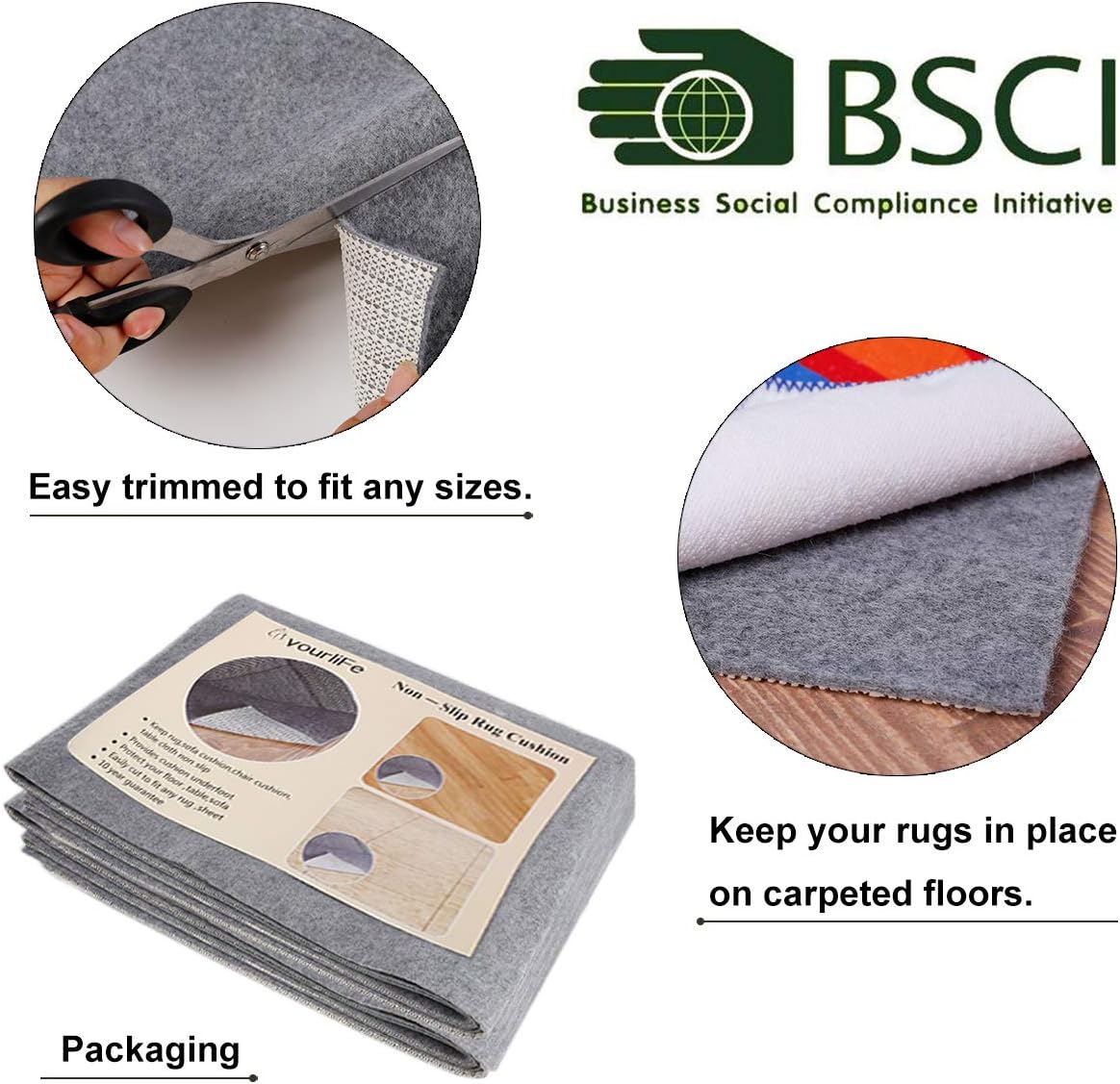 Non Slip Rug Pad Grippers - 6x9, 1/8" Thick, (Felt + Rubber) Double Layers Area Carpet Mat Tap