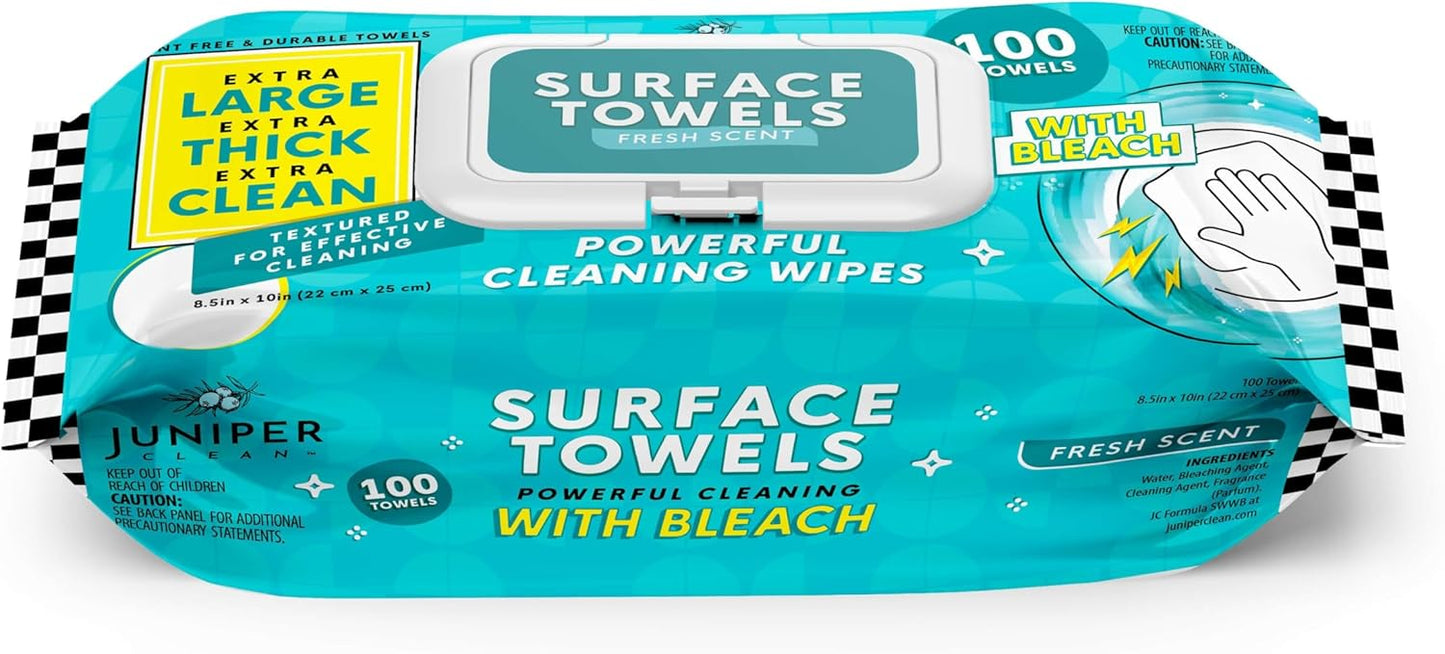 Single Surface Wipes with Bleach, Thick & Large Dispose, All-Purpose Cleaner for Bathroom, Kitchen, Office, 100 Count Soft Flow, Biodegradable, Fresh Scent