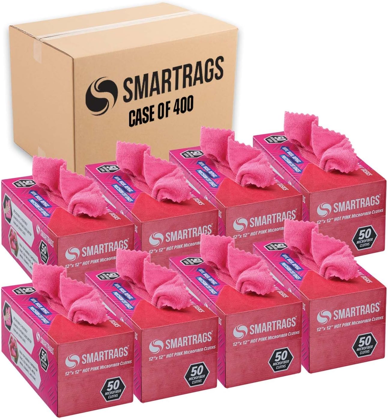 Arkwright Smart Rags in Box - (Bulk Case of 400) Lint Free Microfiber Cleaning Cloth, Scratch & Streak-Free, Dispensable Wash Towels for Cars, Window Glass, and Auto Shop, 12 x 12 in, Pink