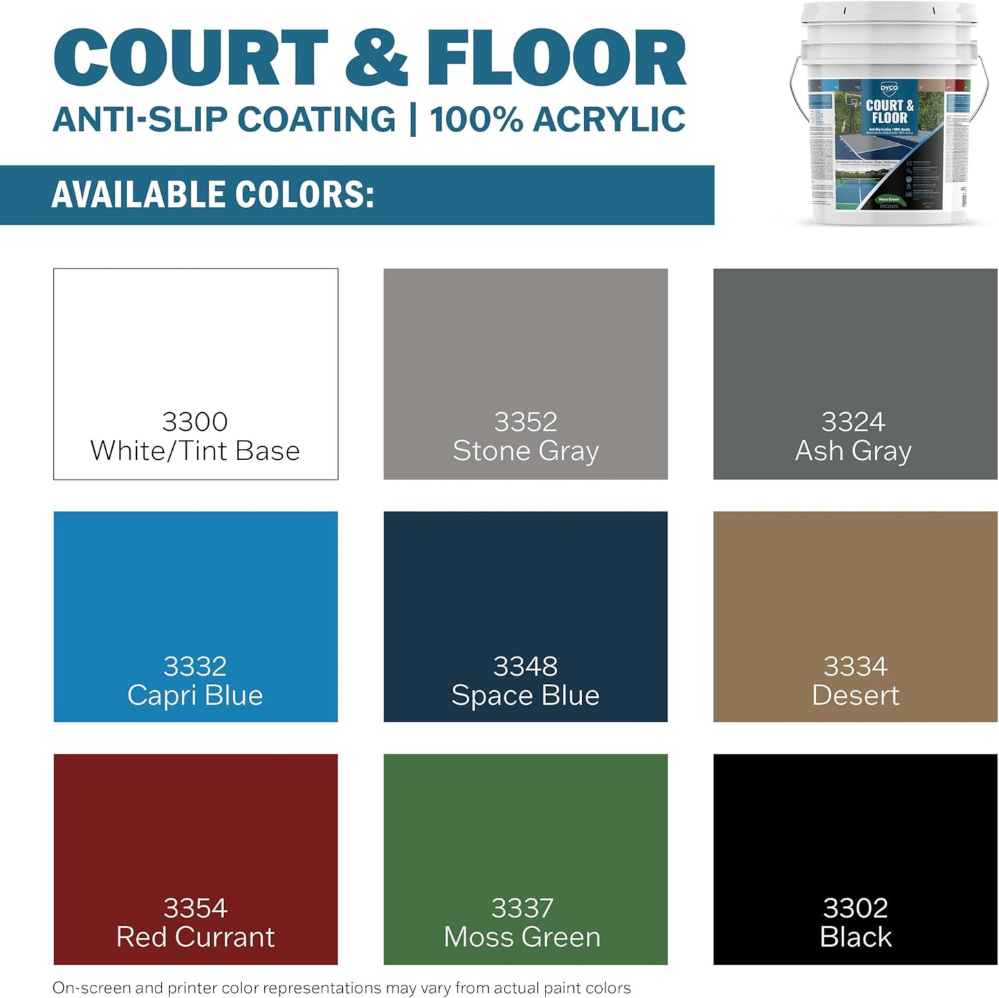 DYCO Court & Floor Anti-Slip Coating - Slip Resistant Pavement, Cement & Concrete Paint for Pickleball, Tennis & Basketball Courts, Exceeds ADA Standards for Safety Areas (Moss Green, 5 Gallons)