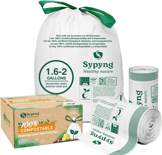 Compostable Kitchen Waste Trash Bags 1.6-2 Gallon (100 Pack) Heavy Duty 100% Biodegradable White Compost Bags for Countertop Bin, ASTM D6400, BPI & OK Compost HOME Certified, Eco-Friendly & Recyclable