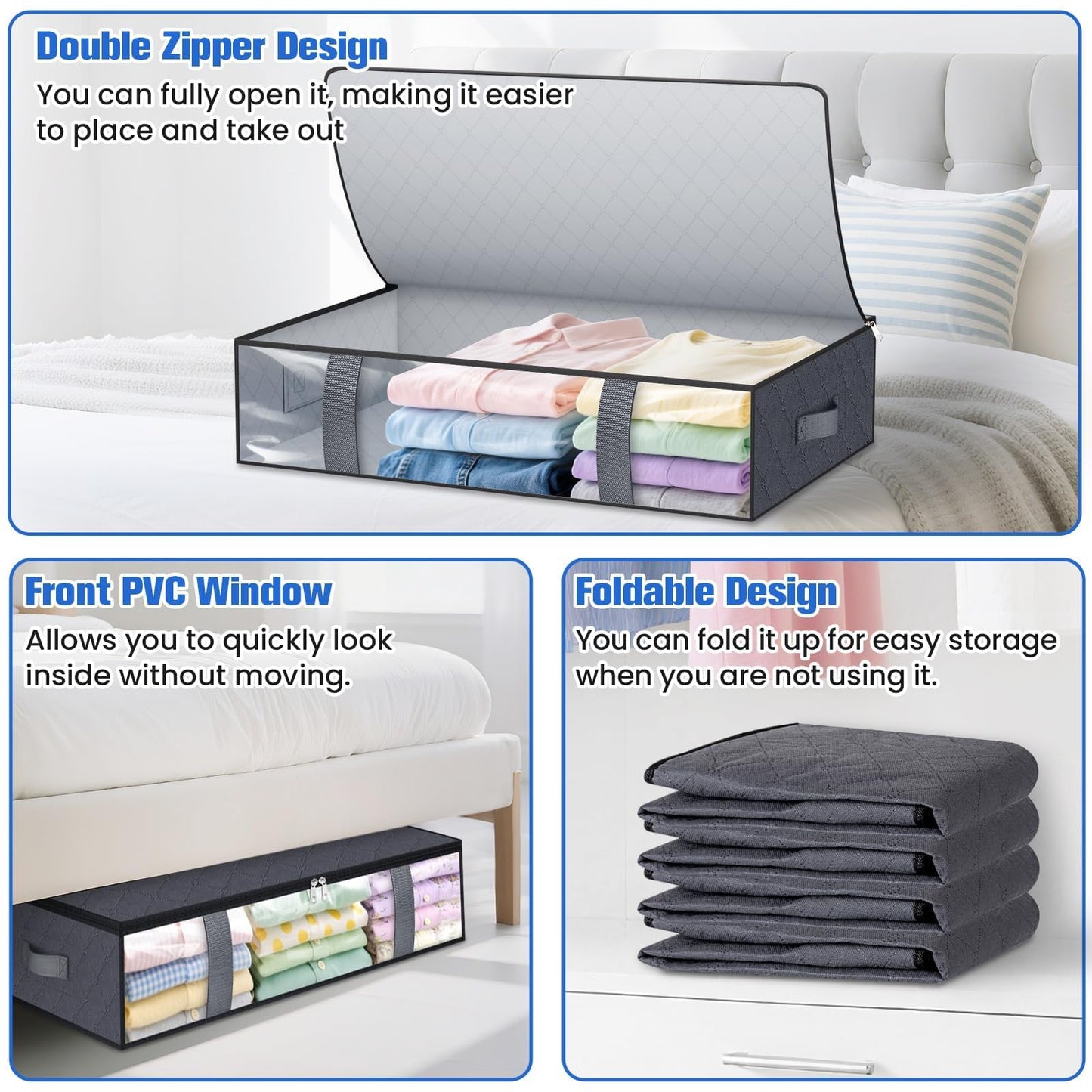 TasticTotes 4 Pack Under Bed Storage Containers, 60L Blanket Storage Bags