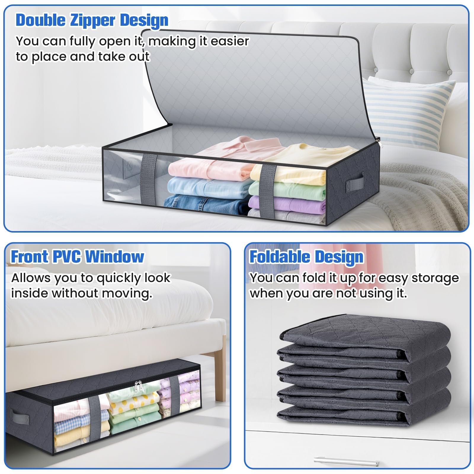 TasticTotes 4 Pack Under Bed Storage Containers, 60L Blanket Storage Bags