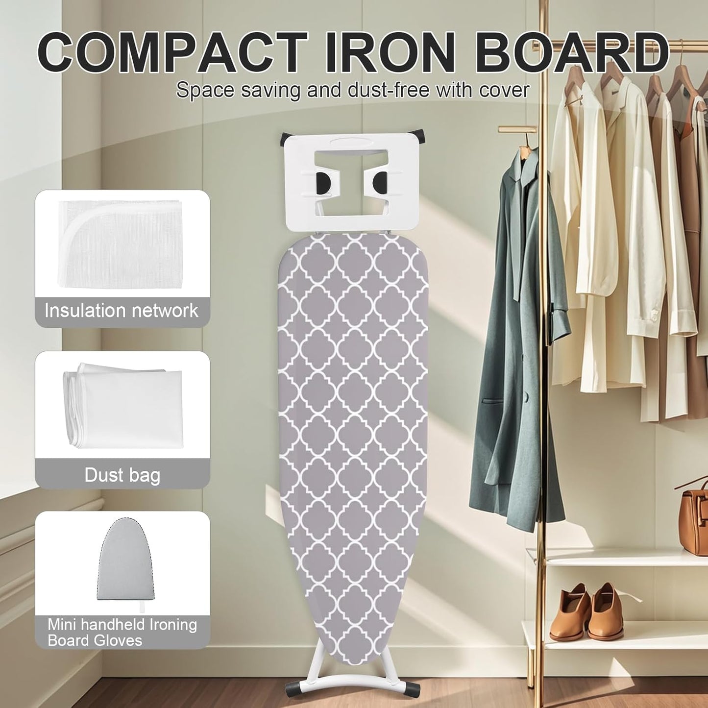 Ironing Board,Foldable Ironing Board Adjustable Height Compact Iron Board Thick Steel Tube Iron Board with Holder,Replacing Cloth Cover and Mini Handheld Gloves (Grey Texture)
