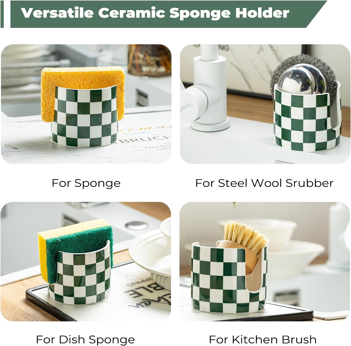 Ceramic Kitchen Sponge Holder, Dish Sponge Holder Suitable for Scrubby Farmhouse Dish Rack Brush Holder for Bathroom, Kitchen, Sink, Green and White