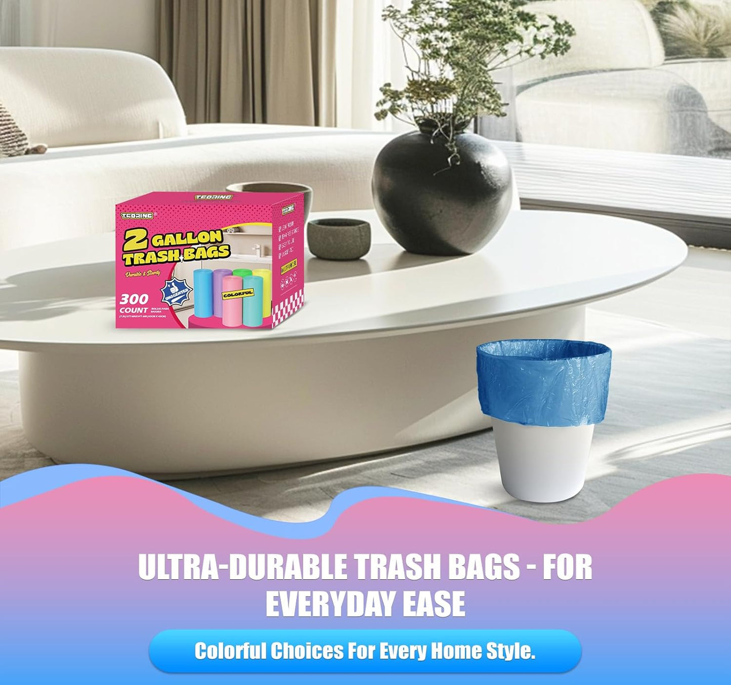 300 Count 3 Gallon Trash Bags - 12 Liter Colored Small Garbage Bags Unscented Wastebasket Liners Heavy Duty & Leakproof Mini Can Liners for Bathroom Toilet Home Office