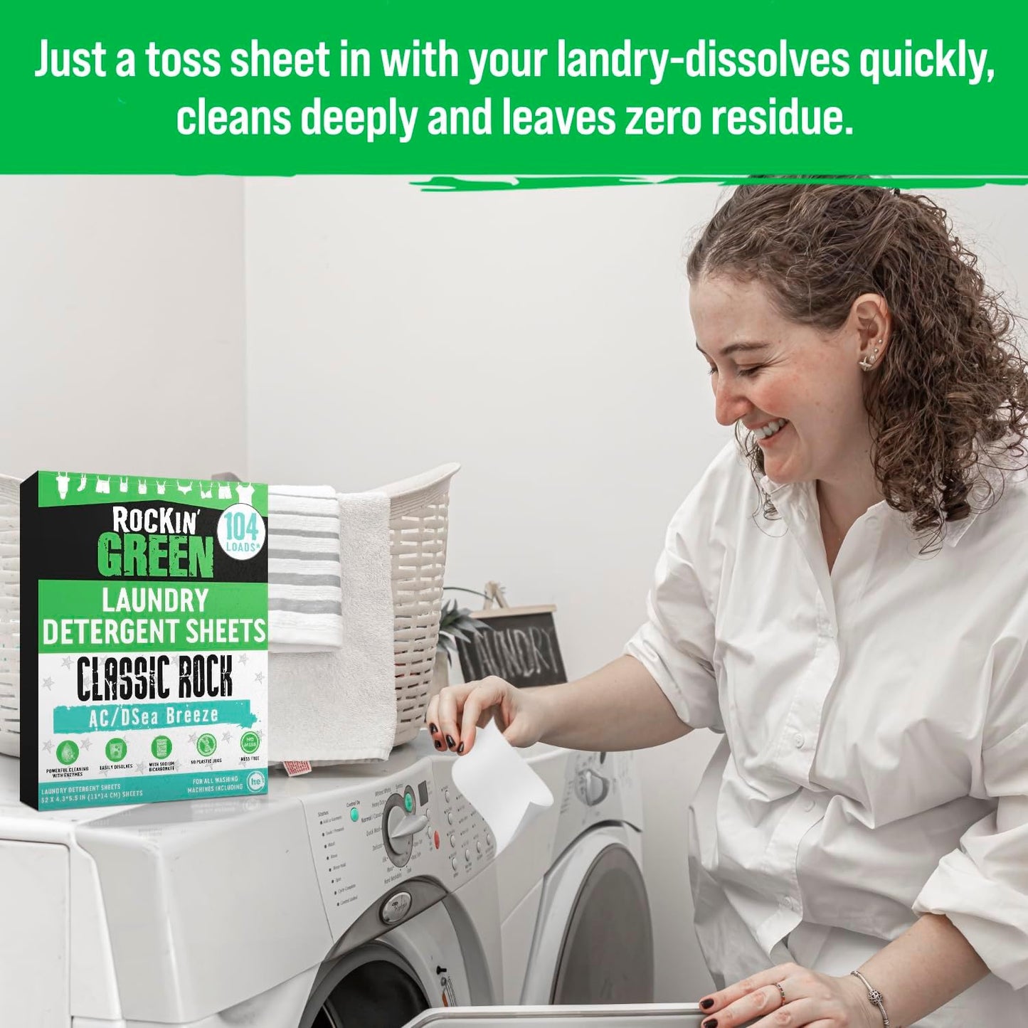 Rockin' Green Travel Laundry Detergent Sheets - Mess-Free Laundry Sheets Detergent Powerful Cleaning with Sodium Bicarbonate - Easily Dissolvable Laundry Soap Sheet (104 Loads, AC/DSea Breeze)