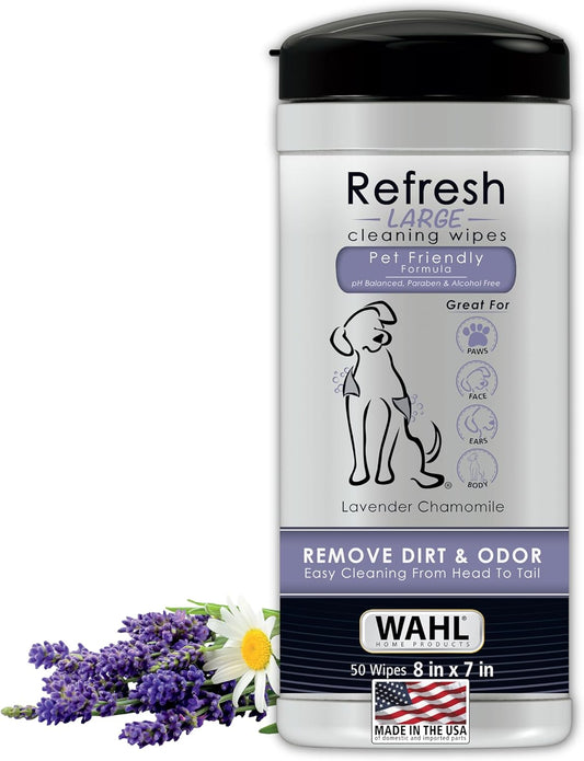 Wahl USA Pet Refresh Lavender Cleaning Wipes for All Dog Breeds - Use on Ears, Nose, Paws, Bottom, & Sensitive Areas - 50 Wipes - 820018A