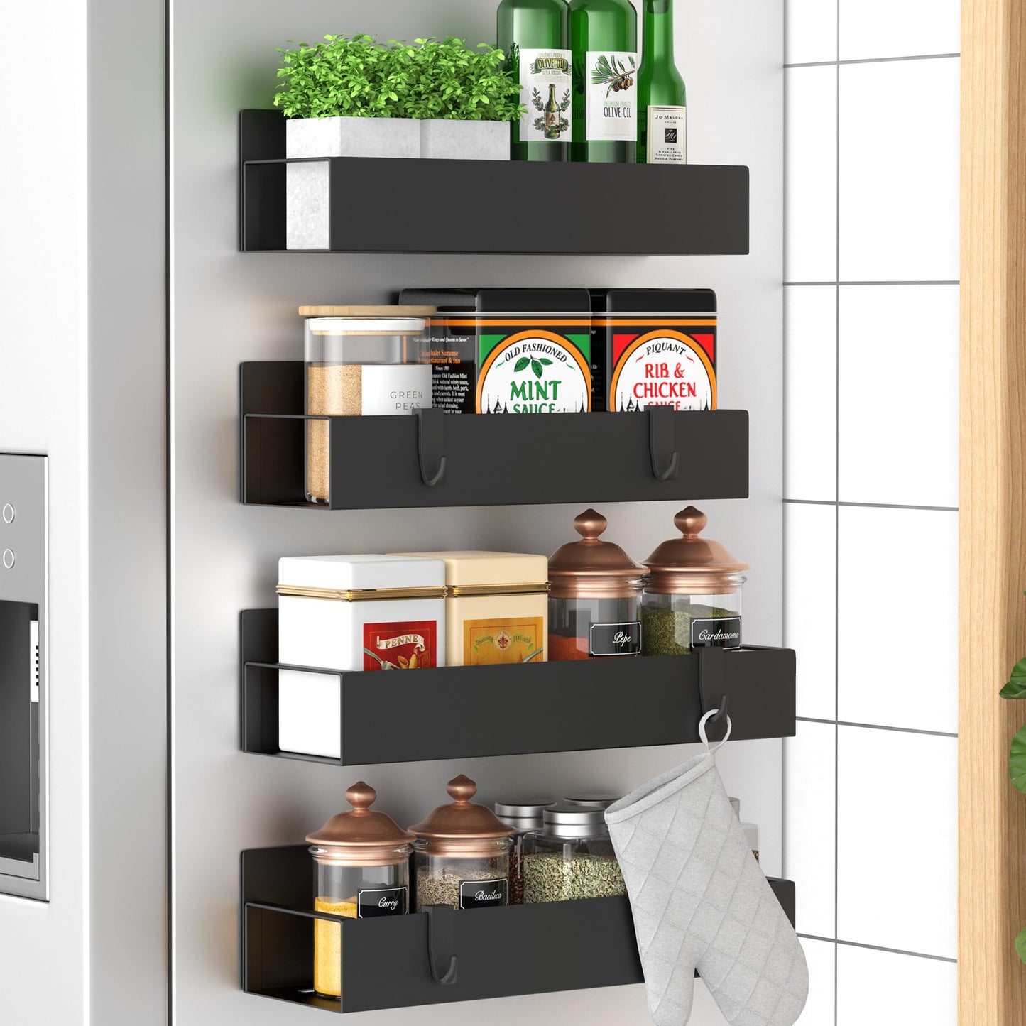 HuggieGems Metal Magnetic Spice Rack for Refrigerator Black, 4 Pack