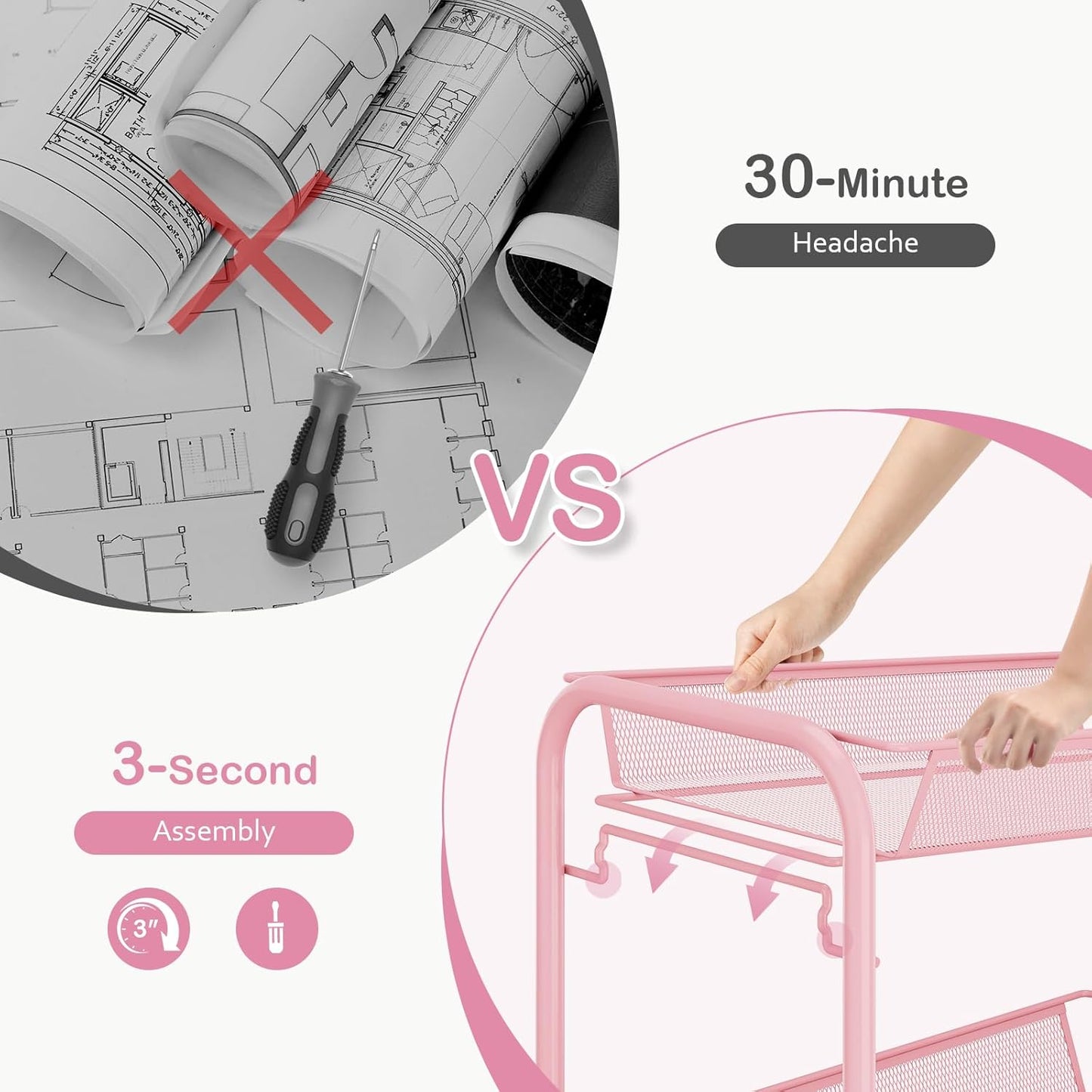 TOOLF 4 Tier Rolling Utility Cart - Durable Metal Design Pink Utility Cart, Storage Trolley on Wheels with 3 Hooks, Perfect for Kitchen, Bathroom & Laundry Room Organization