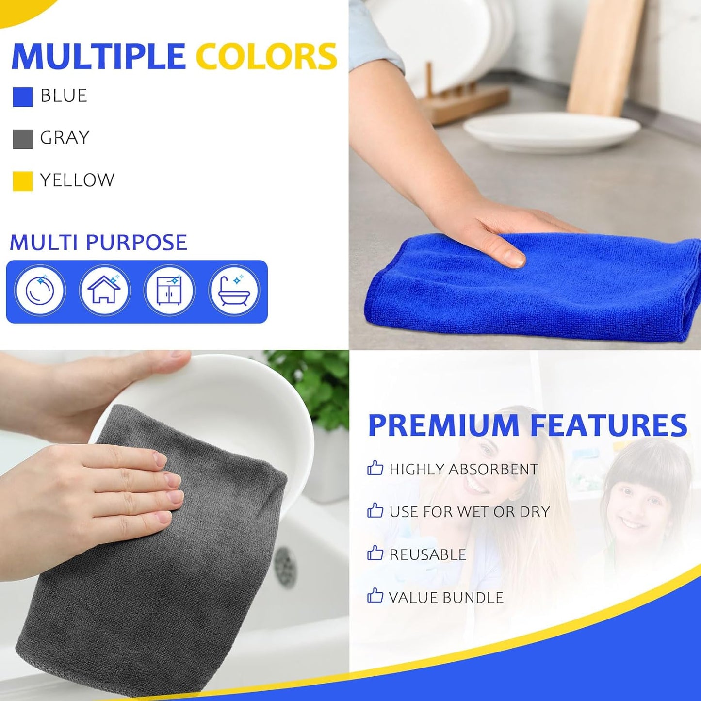 Nuenen Microfiber Cleaning Cloths for Cars 16 x 16 Inch Ultra Absorbent Car Towels Drying Reusable Cleaning Supplies House Kitchen Window Microfiber Towel(Blue, Gray, Yellow,60 Pcs)