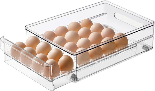 vacane 24 Capacity Egg Holder for Refrigerator Organizer Bins, BPA Free Egg Storage Container with Non-Slip Pads, Space-Saving Egg Tray for Fridge Drawer