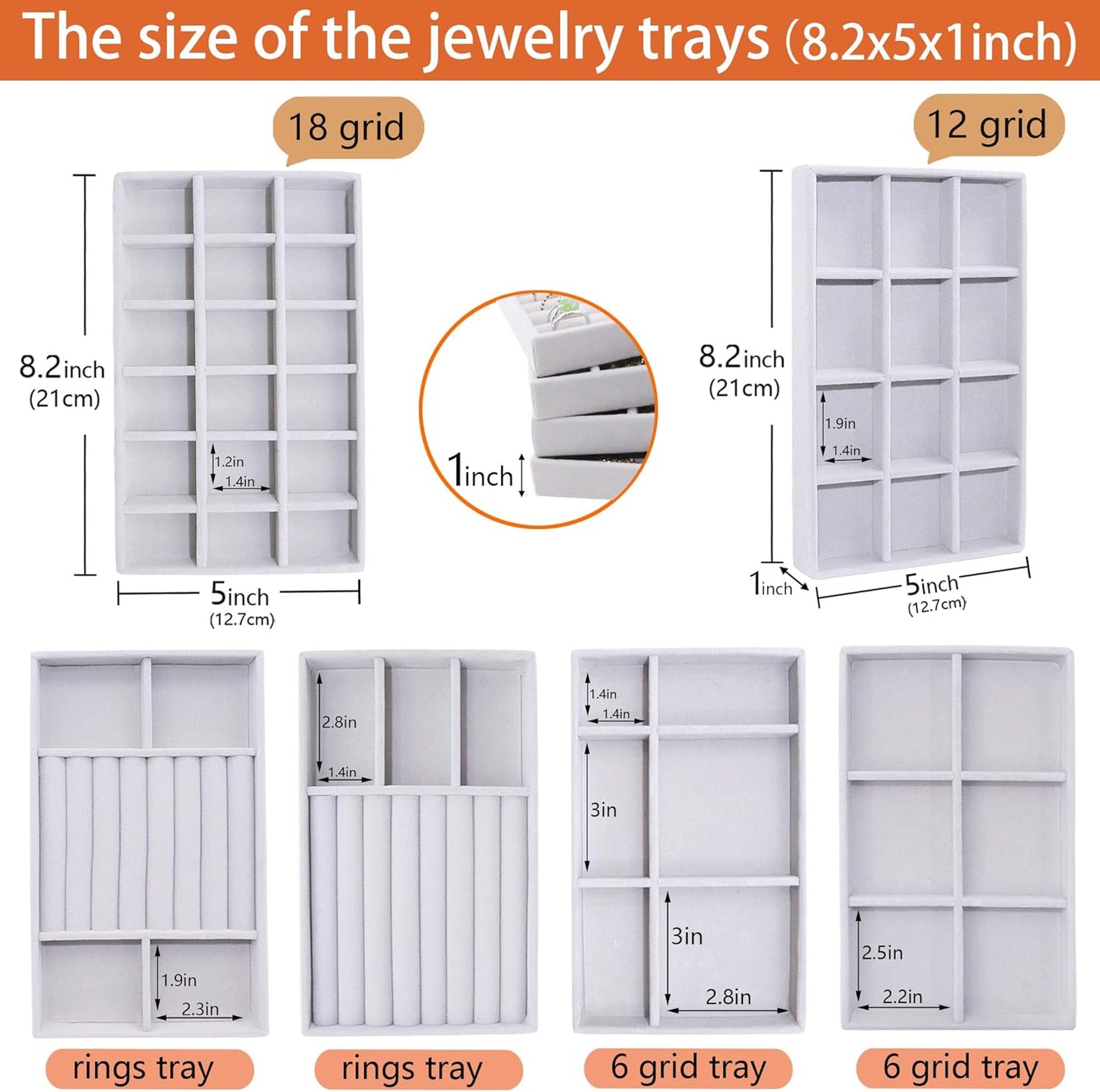 Jewelry Storage 8PACK, Velvet Jewelry Organizer Trays, 4PCS Stackable Jewelry Tray for Drawers, Grey Organizer for Rings, Earrings, Necklaces, Watches, Bracelets, Brooches