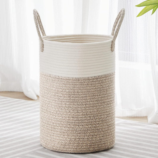 VIPOSCO Tall Laundry Hamper, Woven Rope Storage Basket for Blanket, Toys, Dirty Clothes in Living Room, Bathroom, Bedroom - 30L White & Brown