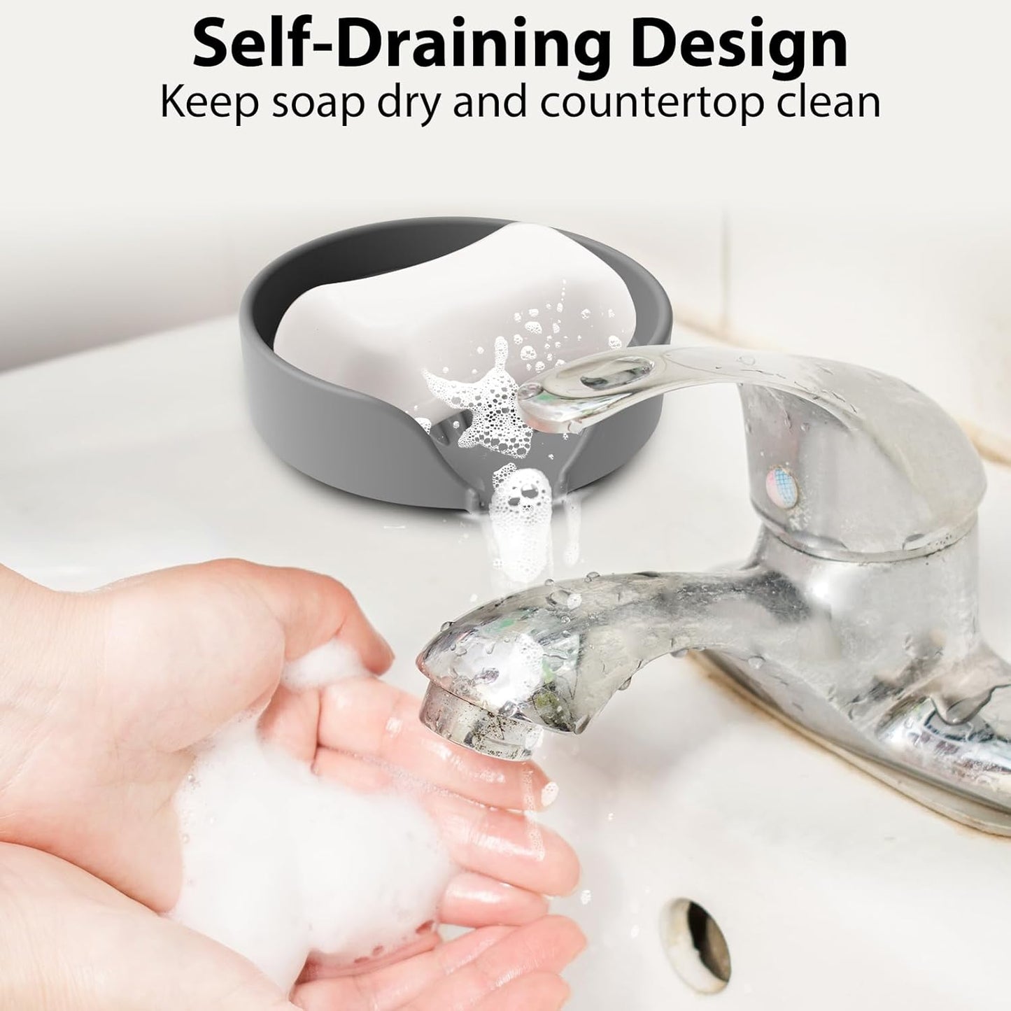 Self Draining Soap Dish, Silicone Suction Cup Soap Holder Tray Savers Container Sponge Holder for Bar Bathroom Shower Kitchen Sink, Can Extend Soap Life (1, Gray)