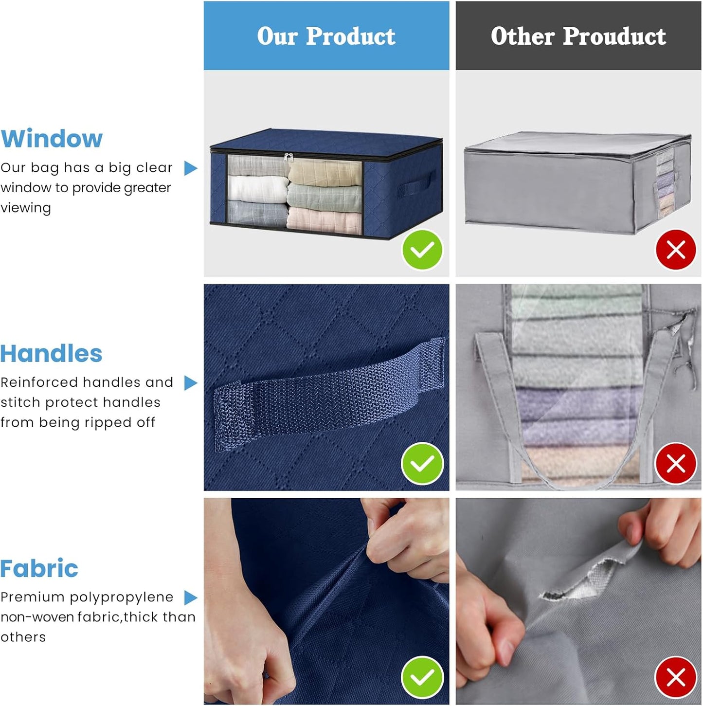 HomeHacks Storage 8-Pack Clothes Organizer Storage Bags Foldable Storage Box with Large Clear Window Sturdy Handles for Closet, Dorm, Pillows, Bedding, Clothes, Blankets, 35L, Blue