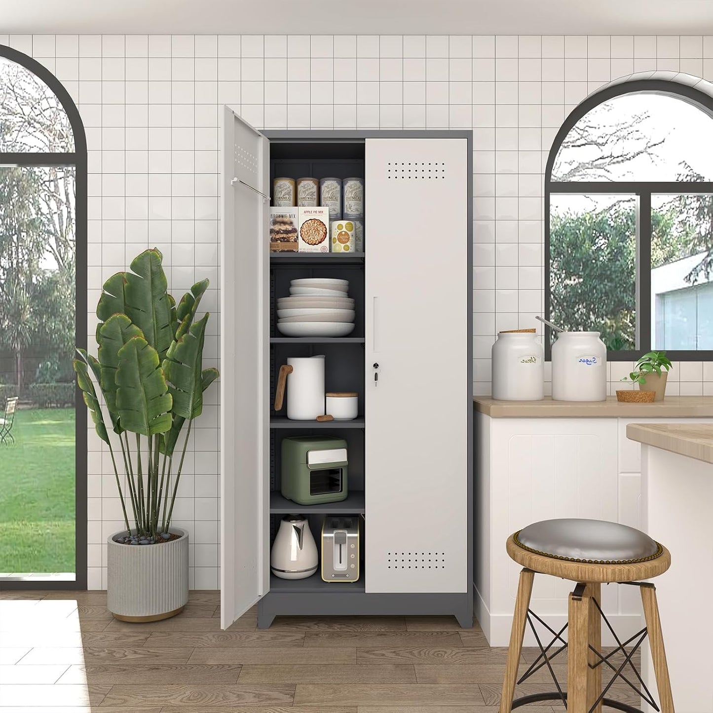 Broom Storage Cabinet, Metal Cabinet with Shelves and Hanging Rod, 72.8" Utility Cabinets with Locking Door, Tall Cleaning Storage for Kitchen, Pantry, Office, Shop, Garage