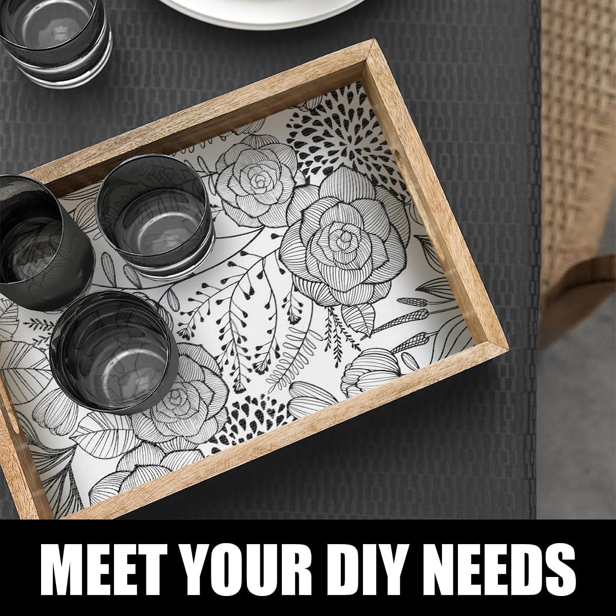 Shelf and Drawer Liner for Kitchen Cabinets, Non-Adhesive and Strong Non-Slip Floral Shelf Cabinet Drawer Liners, Waterproof Thickened Shelf Liner,Easy to Clean,Black and White,12IN x 10FT