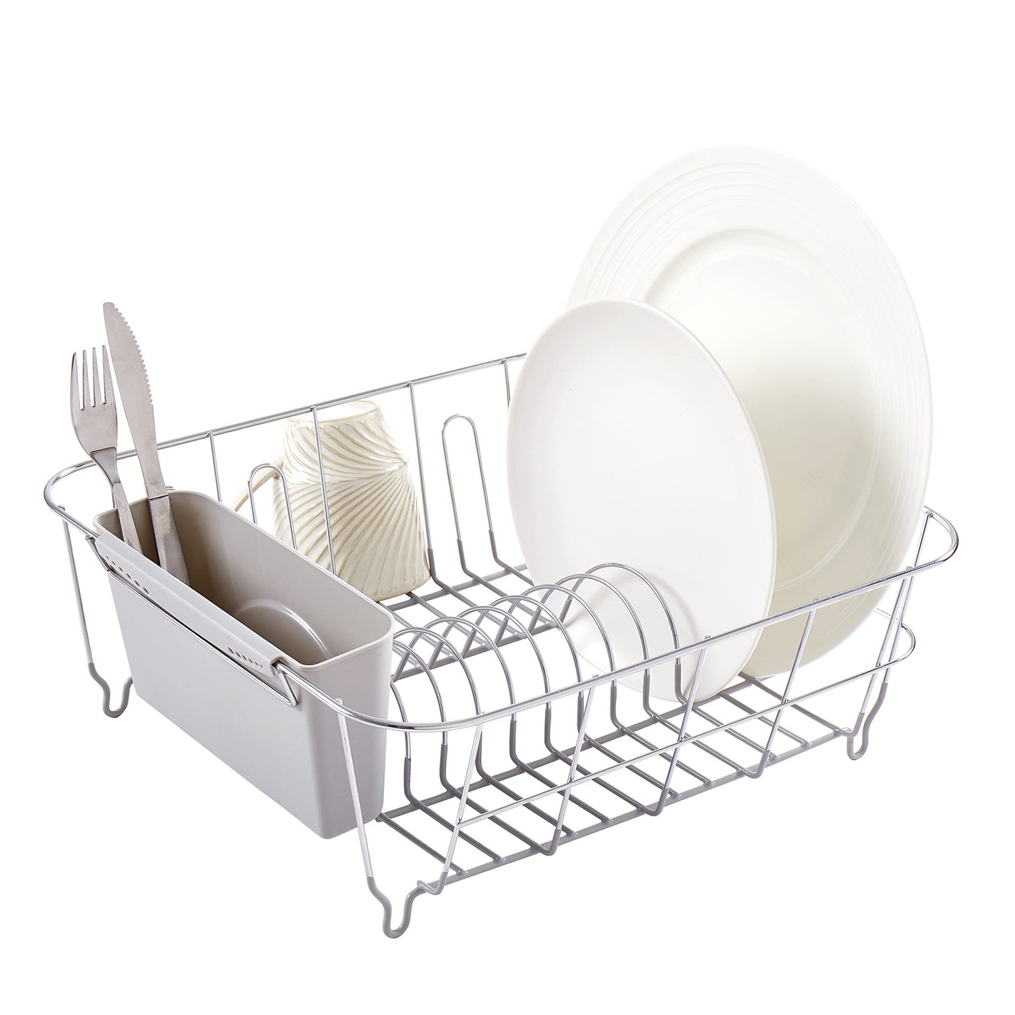 Dish Drying Rack & Cutlery Holder 2 Piece Set - Compact Sink-Fitting Dish Drainer with Rubberized