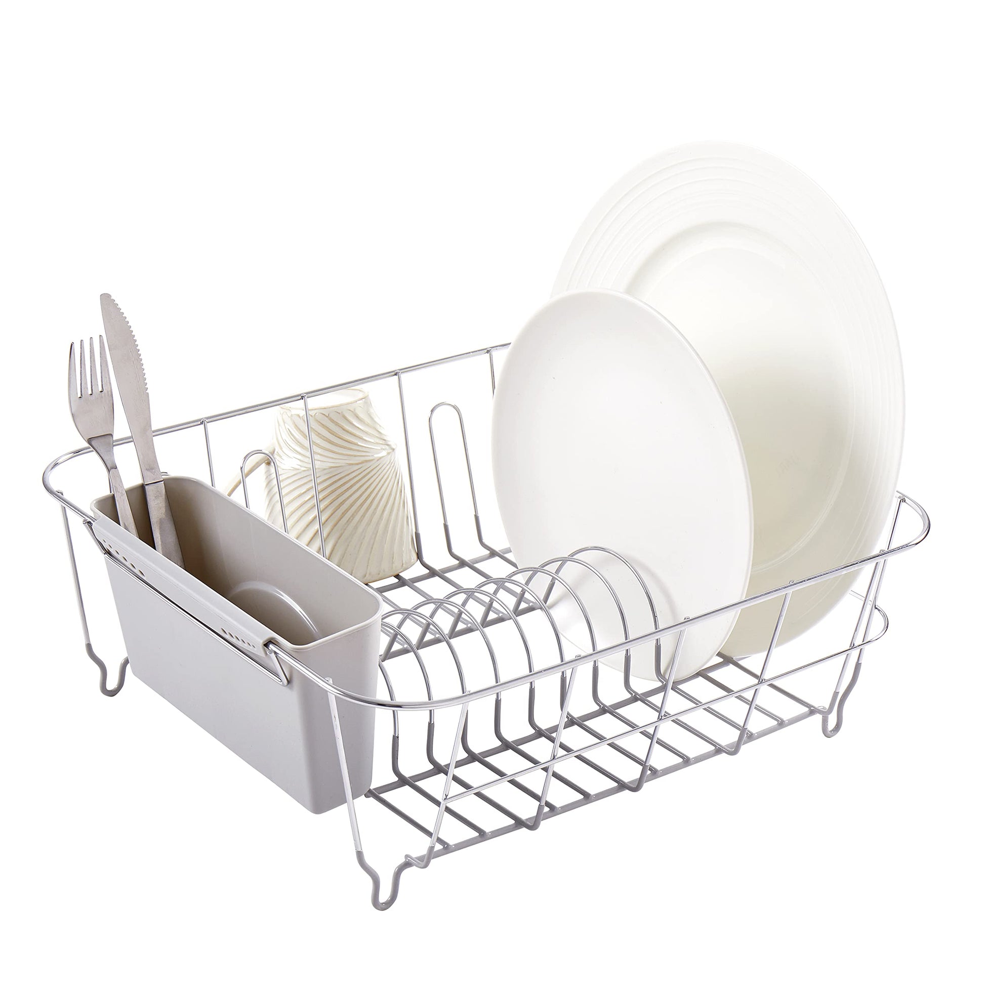 Dish Drying Rack & Cutlery Holder 2 Piece Set - Compact Sink-Fitting Dish Drainer with Rubberized