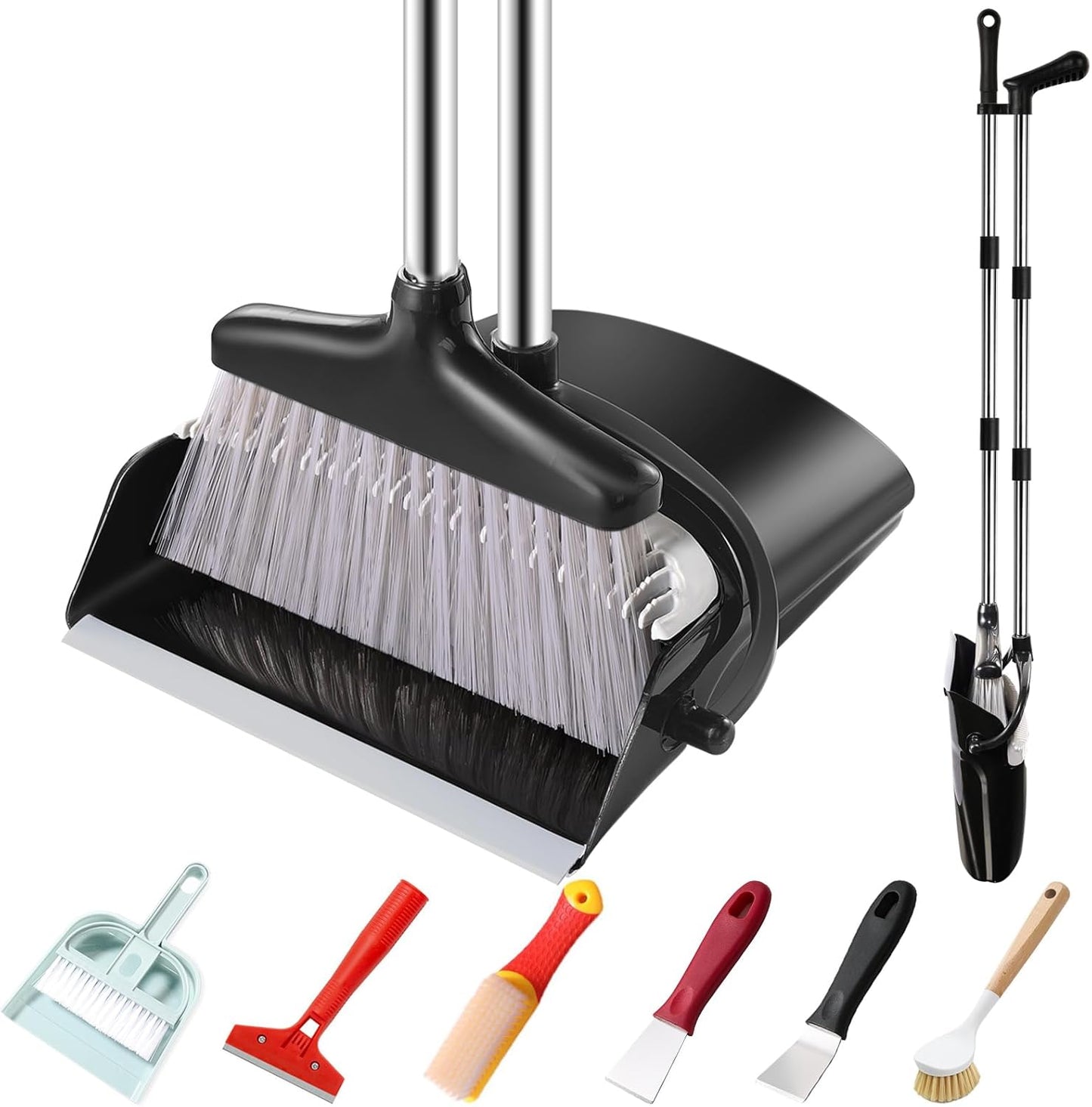 Broom and Dustpan Set with Long Handle and 6 Bonus Cleaning Tools, Upright Standing Combo with Self-Cleaning Teeth & Windproof Dustpan for Pet Hair, Home, Kitchen, Garage, Apartment