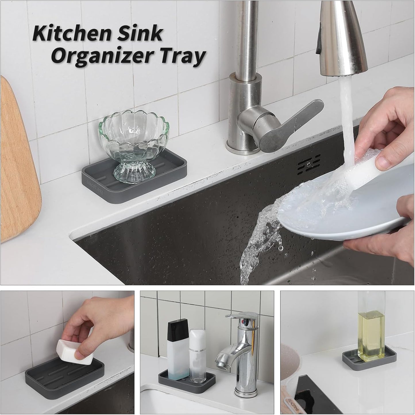 Silicone Kitchen Sink Organizer Tray for Multiple Usage,Easy Clean Sponges Holder for Kitchen Bathroom Counter or Sink,Dish Soap Dispenser,Scrubber,Bottle,Cup Grey 4.9”x 3.2”