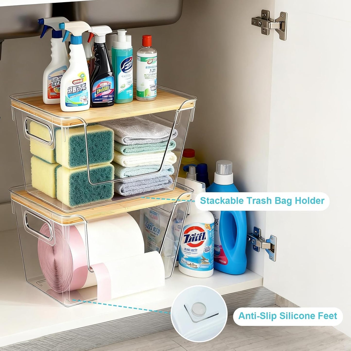 Stackable Trash Bag Dispenser with Bamboo Lid 2 Pack Clear Plastic Garbage Bag Holder, Potato Onion Storage, Kitchen Organizer for Countertop, Under Sink, Pantry