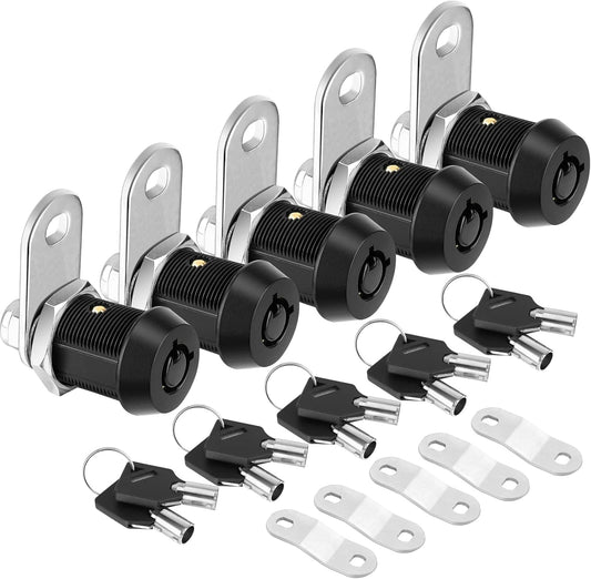 PTEROMY 5 Pack Heavy Duty Cabinet Lock with Keys, Black, 7/8'' Tubular Cam Lock for RV Compartment Storage Locks, Complete Set with Waterproofing Features