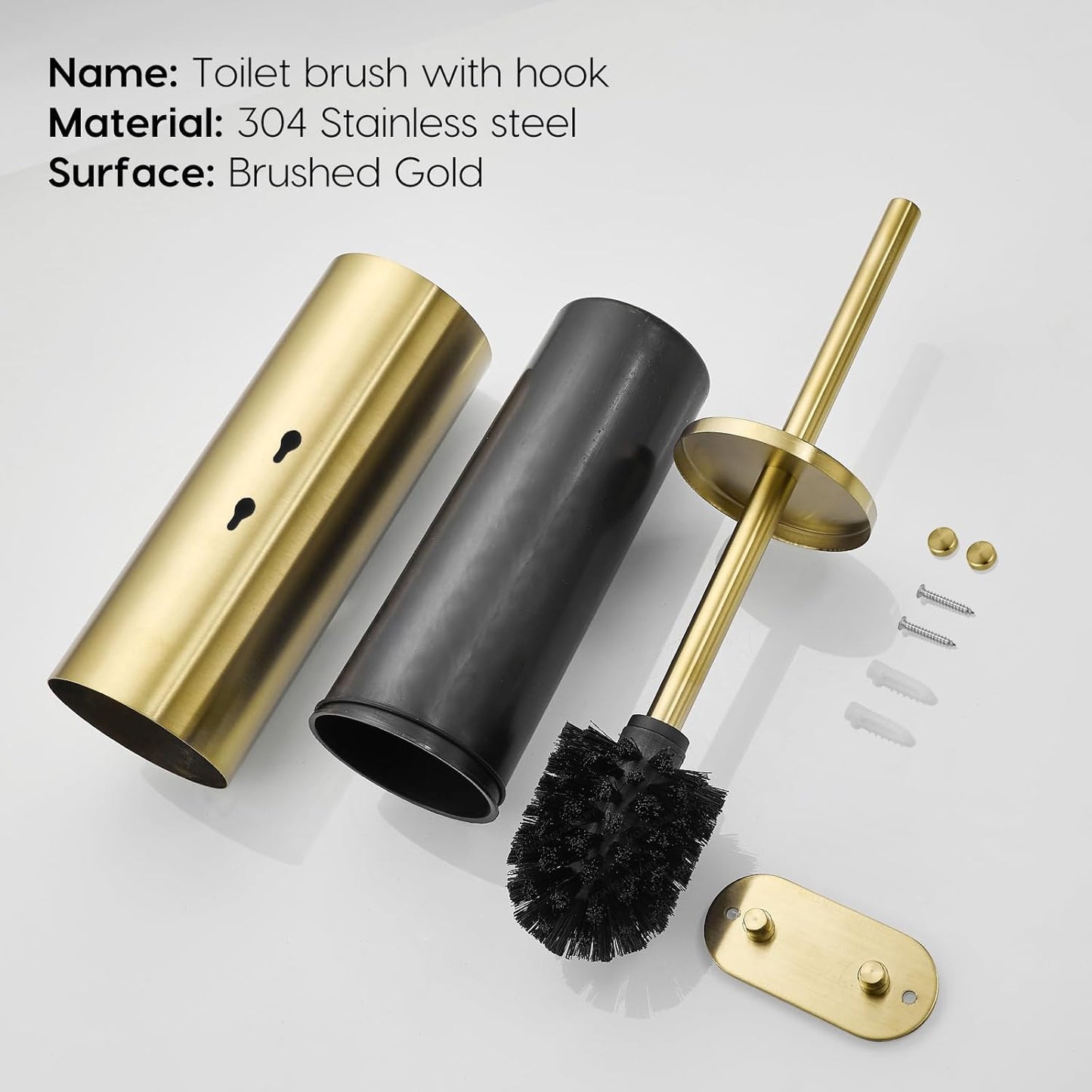 Gold Brushed Stainless Steel Toilet Brush and Cover, No-Punch Hook Base Dual Purpose Toilet Brush Holder with Removable Inner Bucket and Splash Cover - Soft Bristles (Brushed Gold)