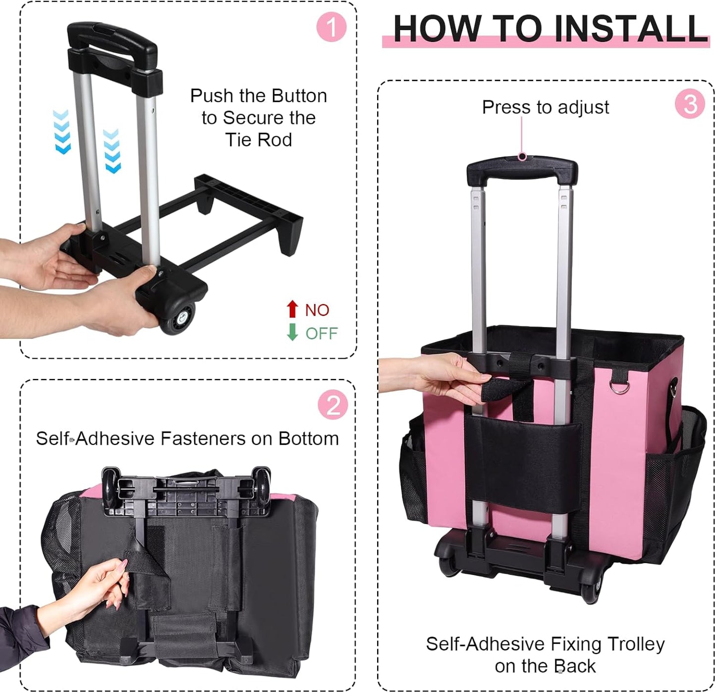 Large Rolling Cleaning Caddy Bag with Wheels, with Detachable Trolley, Cleaning Bags on Wheels for Housekeepers, Cleaning Cart Supplies Organizer for Home, Car, Picnic (Pink)