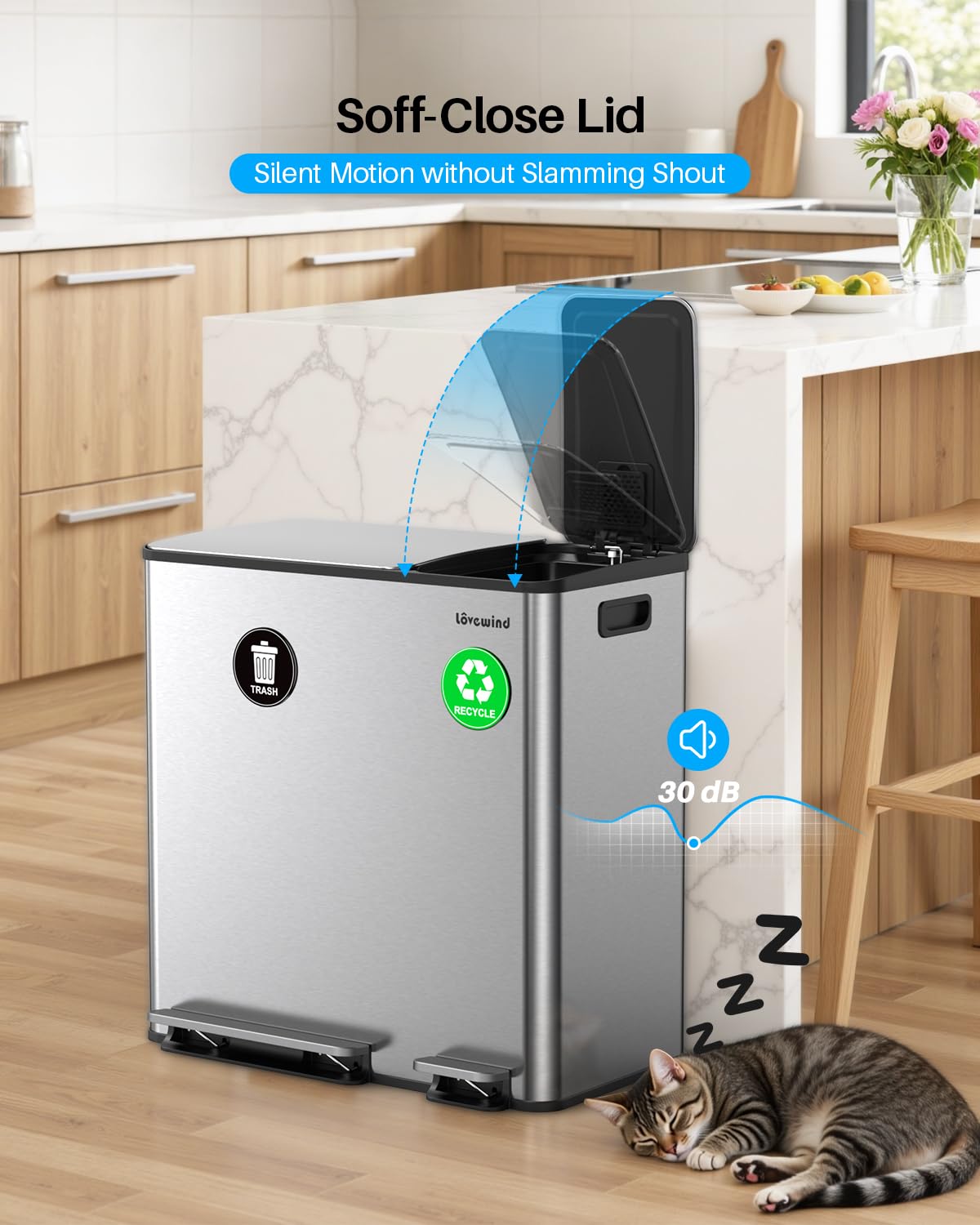 Dual Trash and Recycling Bins for Kitchen, 13.2 + 5.2 Gal (50+20L) Stainless Steel Trash and Recycle Bin Combo with Soft-Close Lid, Large Garbage Cans for Kitchen Home with 2 Magnets Sticker, Silver