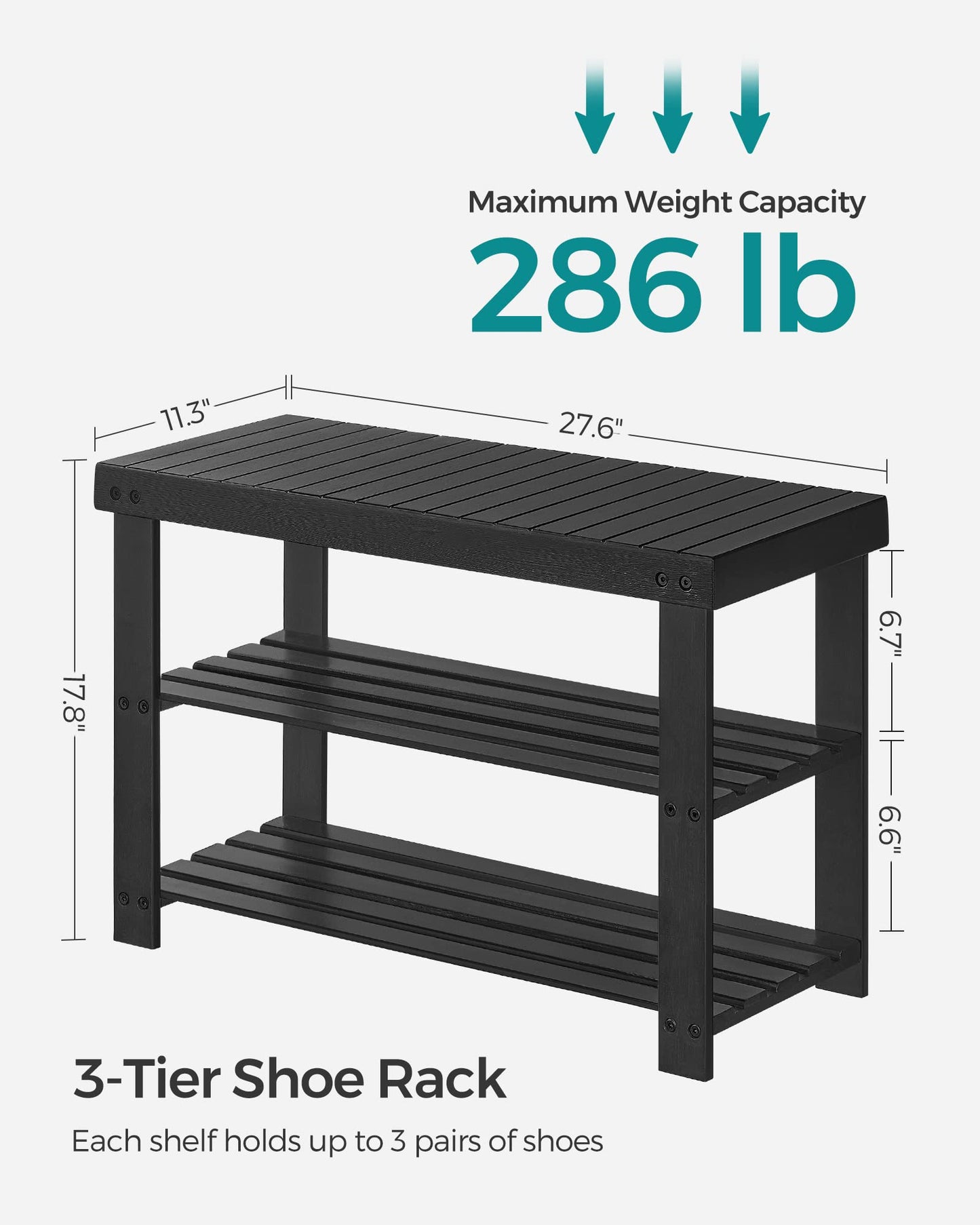 SONGMICS Shoe Rack Bench, 3-Tier Bamboo Shoe Storage Organizer, Entryway Bench, Holds Up to 286 lb
