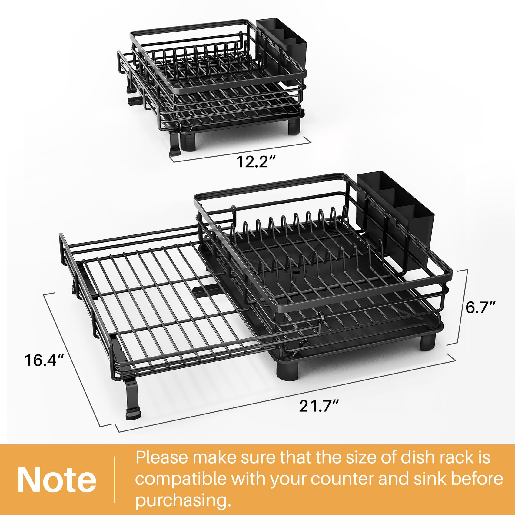 Expandable Dish Drying Rack for Kitchen Counter, Stainless Steel, Black