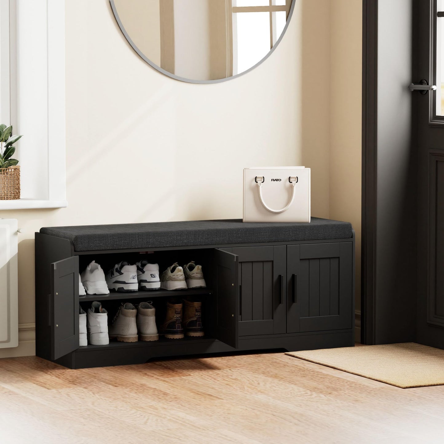 Homleke Shoe Storage Bench, 4 Doors & Thickened Padded Seat Cushion
