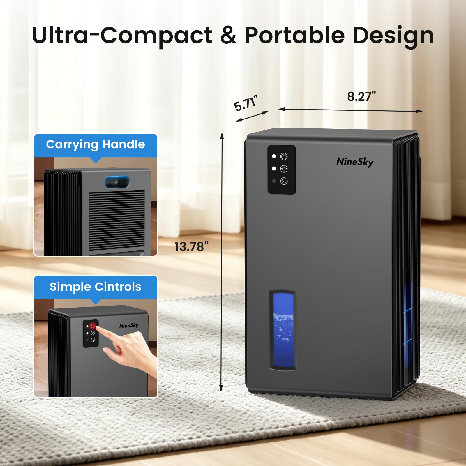 NineSky Dehumidifiers for Home, 1000 Sq.Ft Dehumidifier with 95oz Water Tank, Quiet Dehumidifier