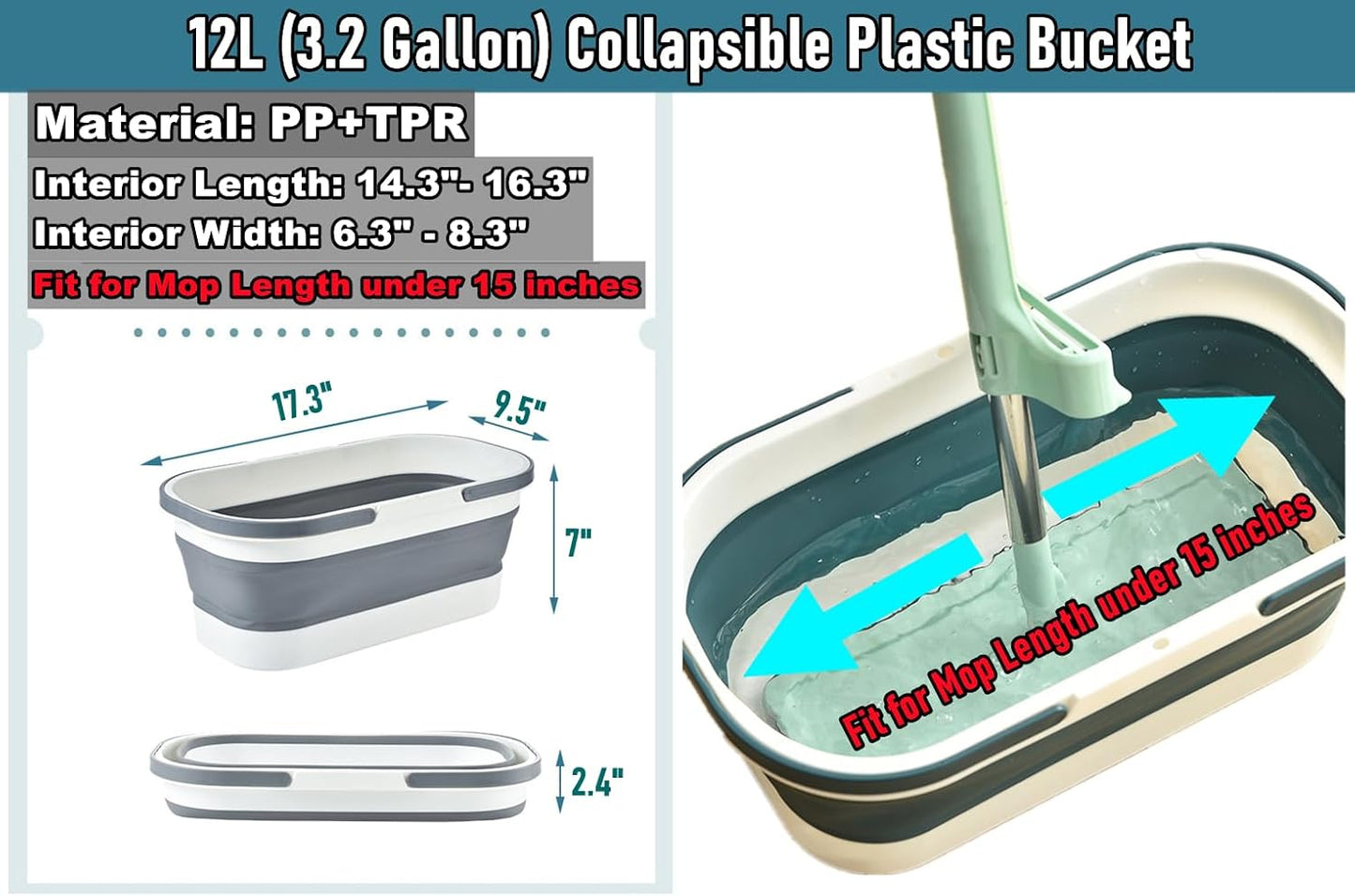 Collapsible Mop Bucket Basin Tub with Handle and Wheels, 12L (3.2 Gallon) Foldable Small Plastic Container for Household Cleaning, Car Washing, Portable Basket Bin Tool for Storage Organizer, Grey