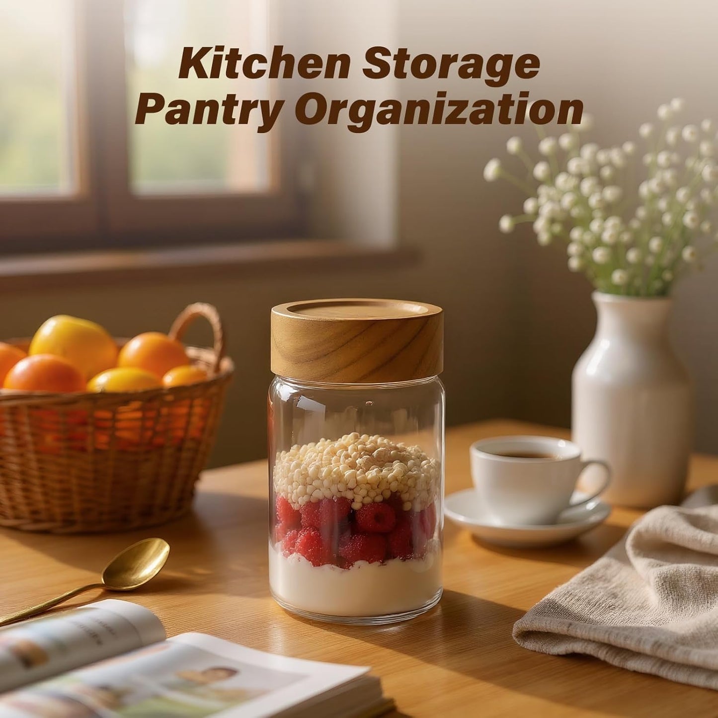 2pc Glass Mason Jars with Acacia Wood Airtight Lids - Overnight Oats & Food Storage Container Set, Clear Stackable Leakproof Kitchen Canisters for Meal Prep/Snack Organization/Spice Storage