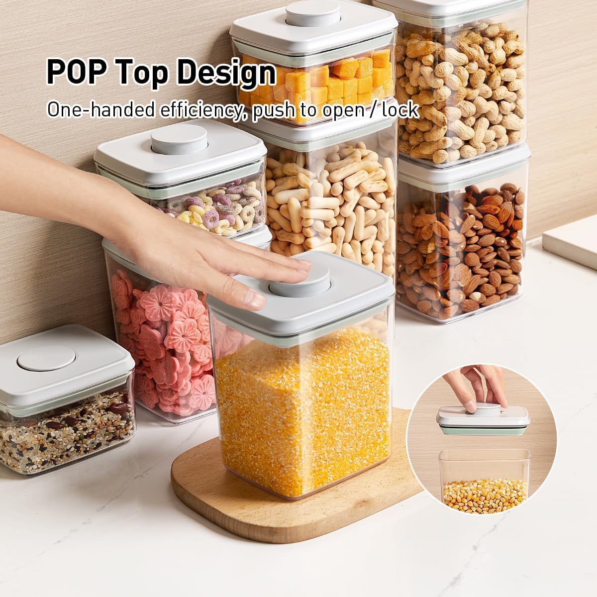 Airtight Food Storage Containers,1.3Qt 3Pcs Pop Food Containers with Lids, Stackable One Button Opening Kitchen Pantry Organizers and Storage, BPA-Free Food Containers Set for Snacks Candy Spices