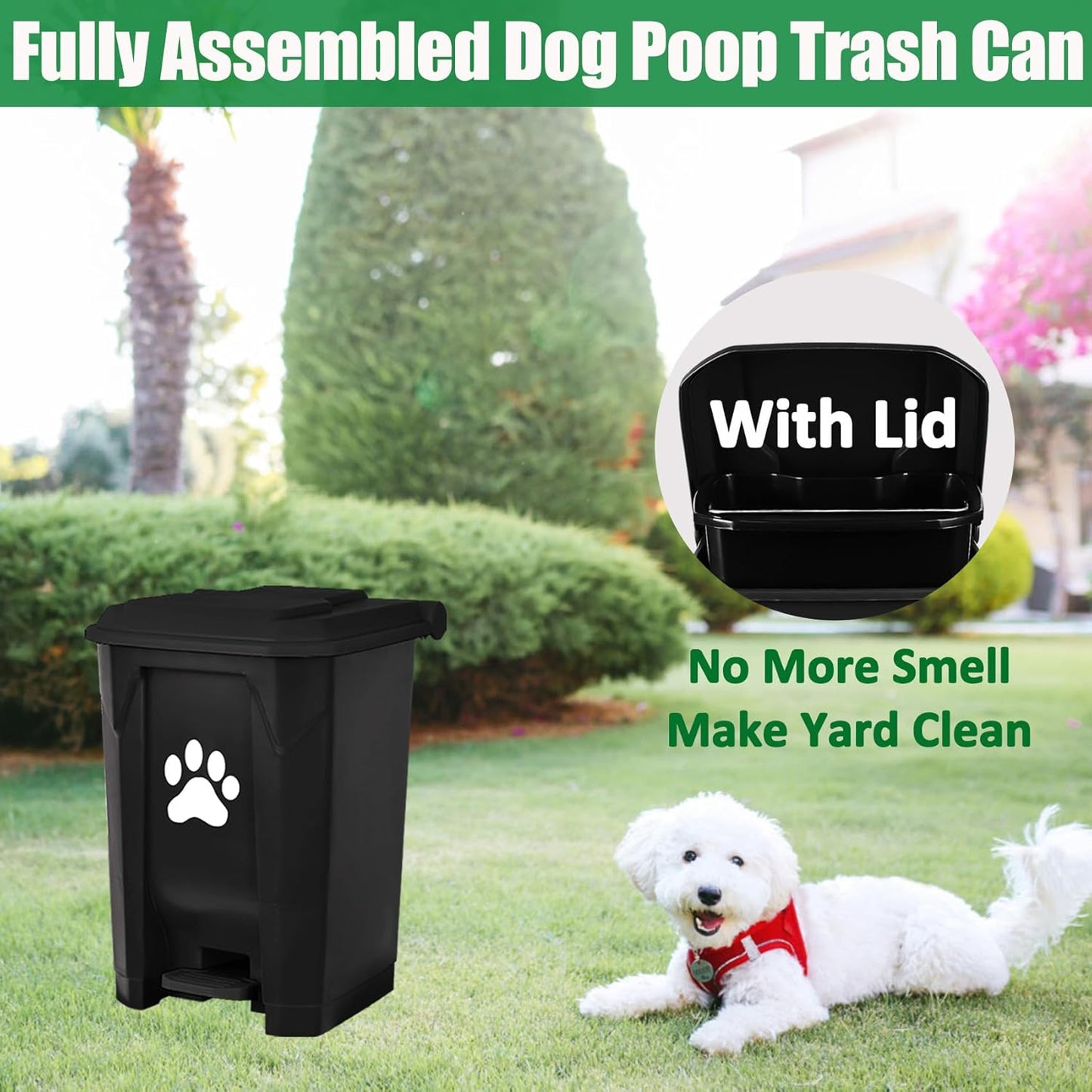 Outdoor Dog Poop Trash Can, Dog Waste Trash Can for Backyard Garden Home with Lid, Removable Inner Bin, Green Waste Bag, Black Fully Assembled
