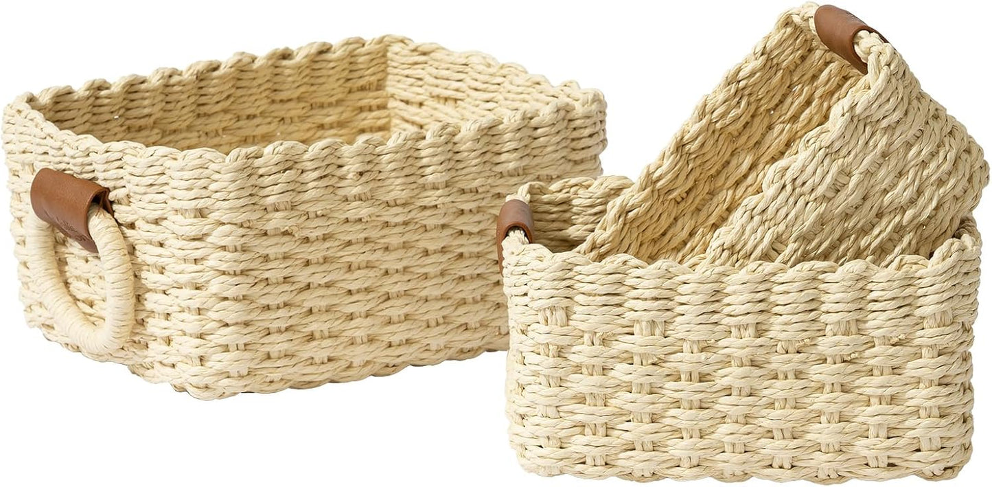 LA JOLIE MUSE Small Beige Wicker Baskets for Organizing, Recycled Paper Rope Storage Basket Container Bins for Shelves Bathroom Cupboards Drawer, Decorative Square Basket Organizer Set of 3