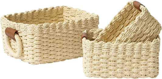 LA JOLIE MUSE Small Beige Wicker Baskets for Organizing, Recycled Paper Rope Storage Basket Container Bins for Shelves Bathroom Cupboards Drawer, Decorative Square Basket Organizer Set of 3