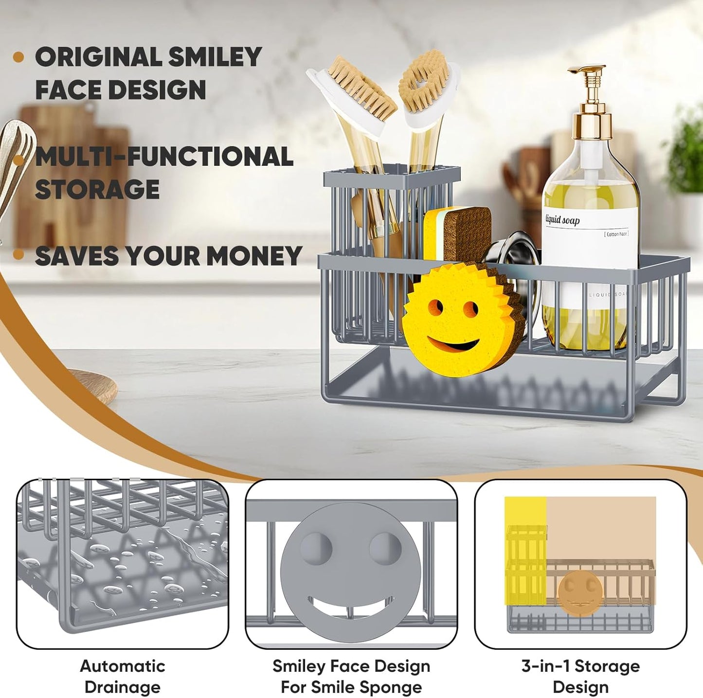 Sponge Holder for Kitchen Sink,Smiley Face Sink Caddy with Removable Brush Holder,Self-Draining Sponge Caddy for Soap,Dish Brush,Scrubber,Kitchen Essentials and Gadgets-Gray