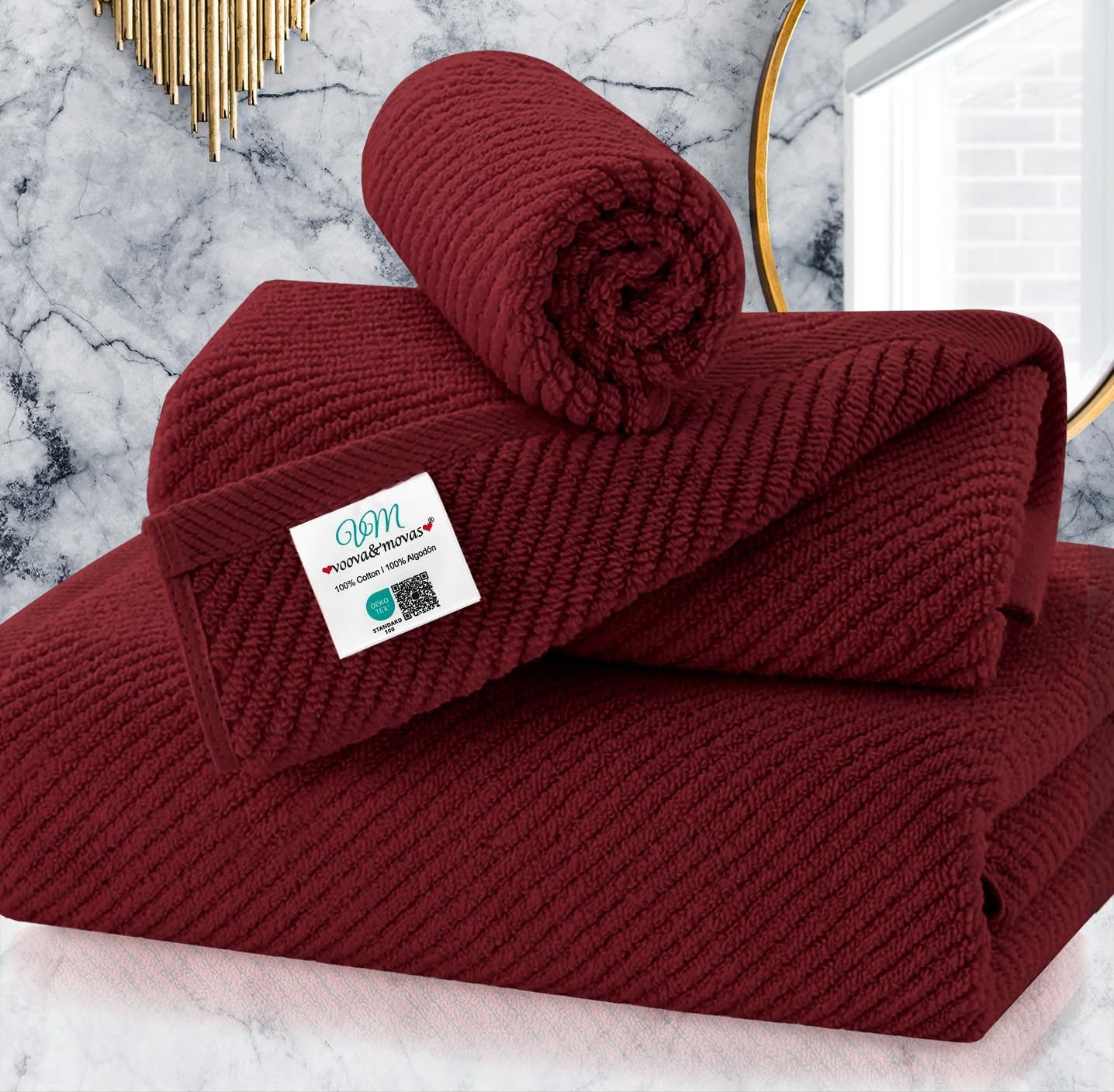 VOOVA & MOVAS 3 Piece Towel Set - 100% Cotton | Quick Dry | Soft | Thick,1 Large Bath 30" x 56", 1 Hand 18" x 28", 1 Wash Cloth 13" x 13", Towels for Bathroom, Bathroom Towels Gift, Burgundy