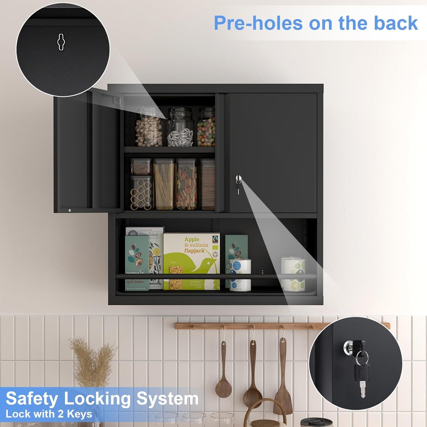 Locking Cabinet, Black Wall Storage Cabinet with Shelves, Hanging Cabinets with Open Storage, Small Wall Cabinet, Lockable Tool Cabinet for Basement, School, Office