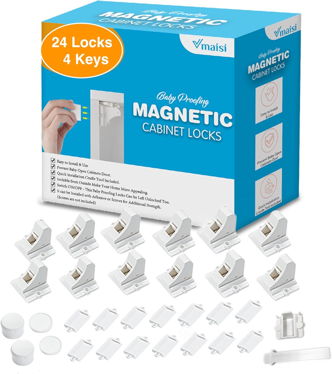 Vmaisi Adhesive Magnetic Locks for Cabinets & Drawers (24 Pack and 4 Keys + Cradle)