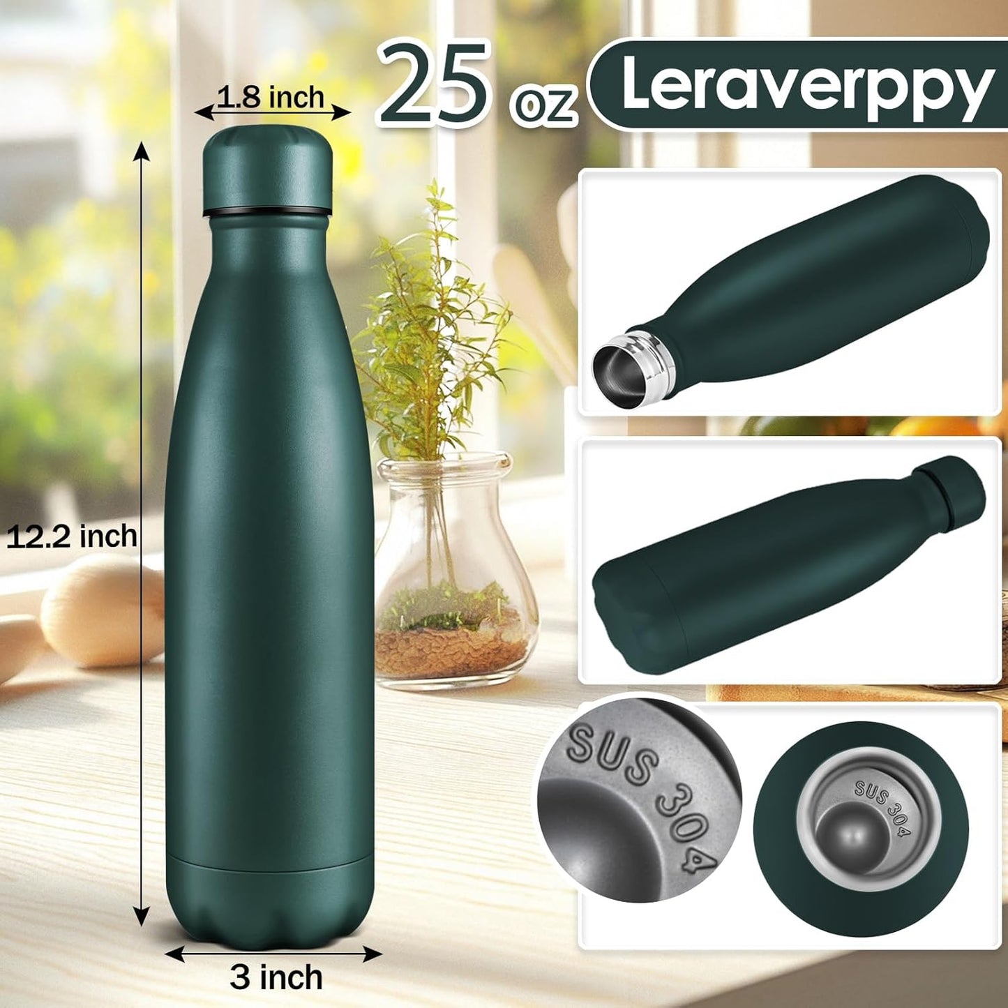 25oz Cola-Bottle Shaped Stainless Steel Leak-proof Water Bottle,Double Wall Vacuum Insulated Metal，Travel Mug For Sports Indoors & Outdoors,BPA-Free Kids Flasks,Army Green(2 Pack)