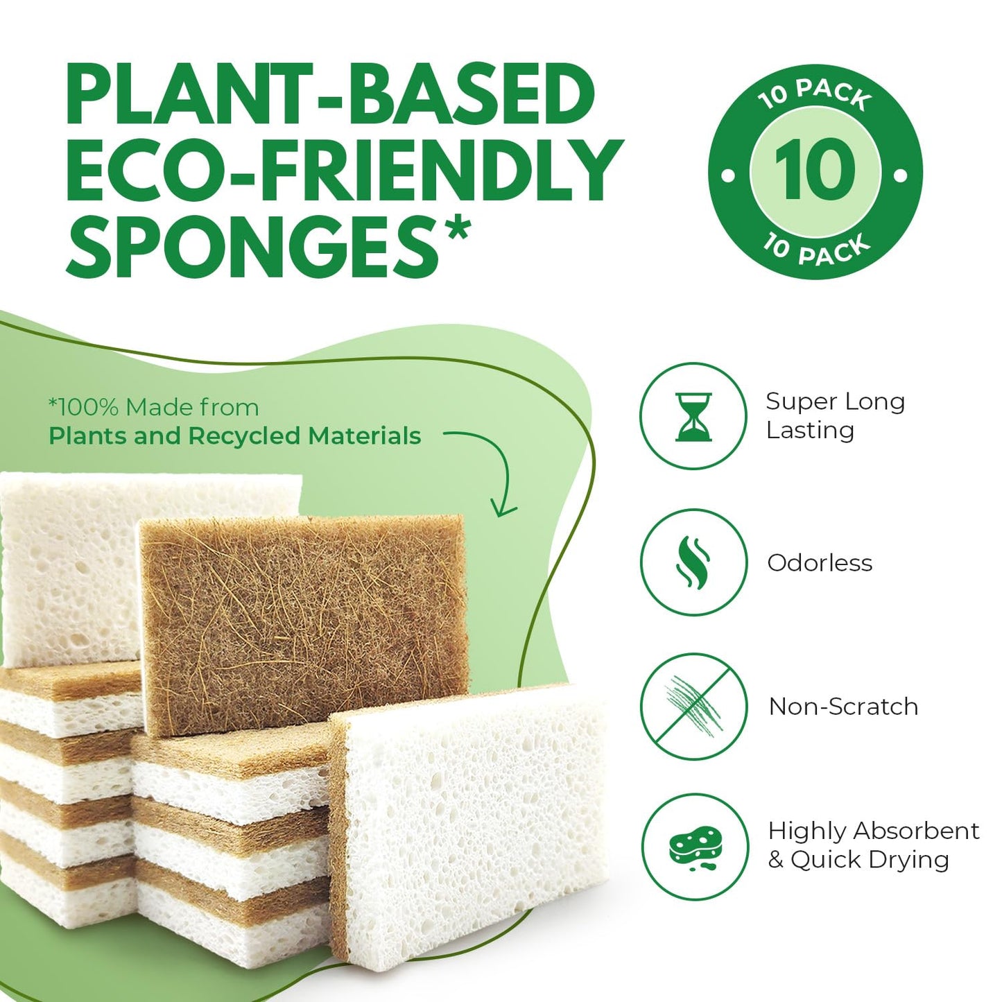 10 Pack Biodegradable Natural Kitchen Sponge - Compostable Cellulose and Coconut Walnut Scrubber